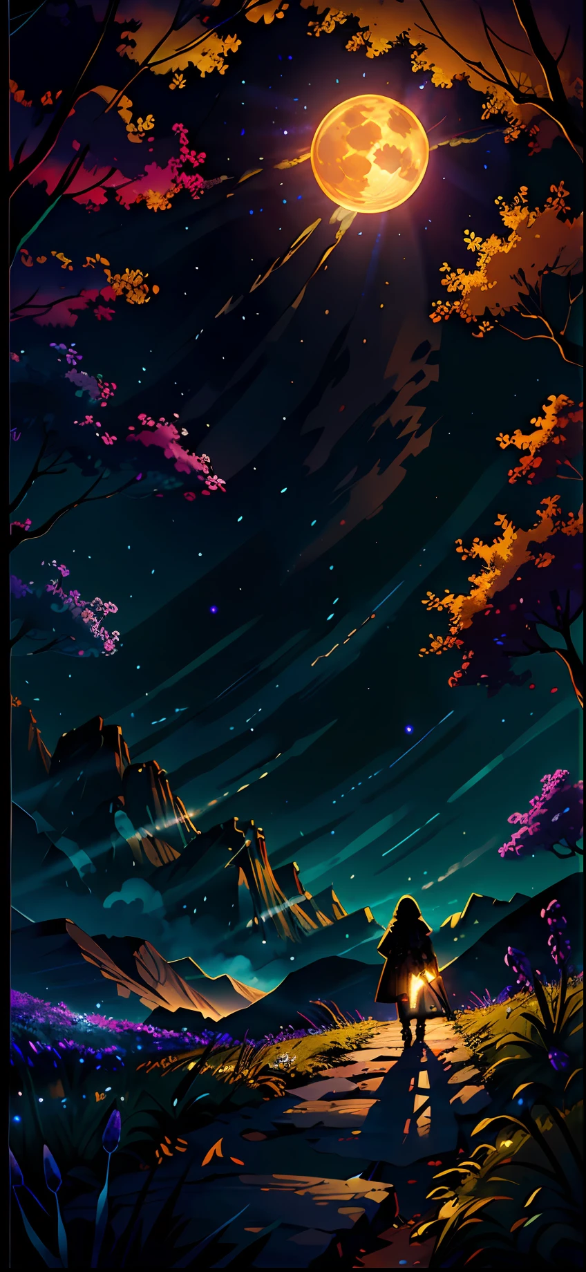 expansive landscape photograph , (a view from below that shows sky above and open field below), a girl standing on flower field looking up, (full moon:1.2), ( shooting stars:0.9), (nebula:1.3), distant mountain, tree BREAK
production art, (warm light source:1.2), (Firefly:1.2), lamp, lot of purple and orange, intricate details, volumetric lighting BREAK
(masterpiece:1.2), (best quality), 4k, ultra-detailed, (dynamic composition:1.4), highly detailed, colorful details,( iridescent colors:1.2), (glowing lighting, atmospheric lighting), dreamy, magical, (solo:1.2)