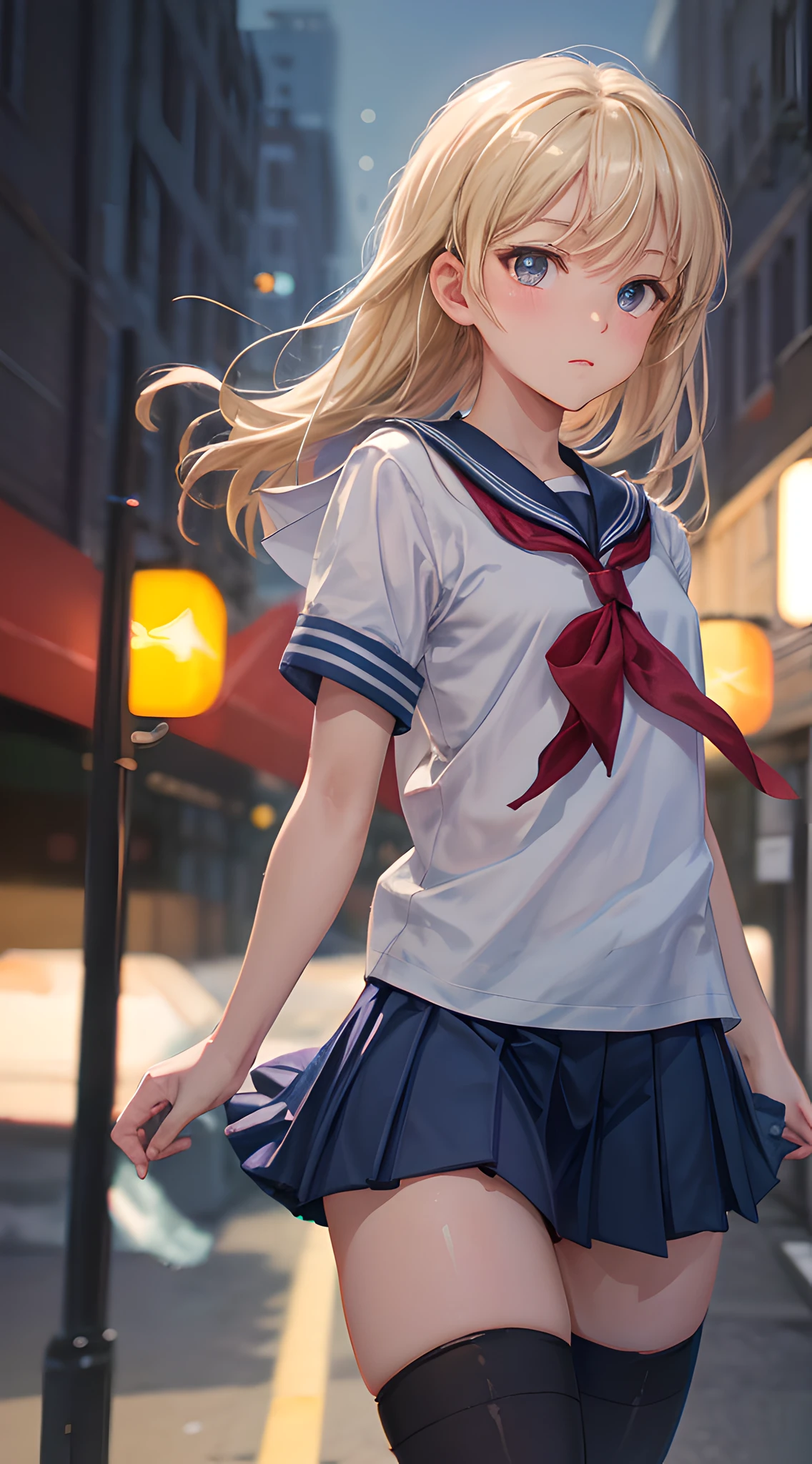 (masterpiece, best quality:1.2), 8k, official art, raw photo, absurdres, thin line, (sailor uniform, serafuku, upper body, thigh high socks, thighs:1.4), from below, beautiful girl, pretty face, school uniform, short sleeve, arch back, (navy pleated skirt:1.2), close up, teen, street, looking at viewer, film grain, chromatic aberration, sharp focus, facelight, dynamic lighting, cinematic lighting, detailed eyes and face, (bokeh background:1.3), black thigh high socks