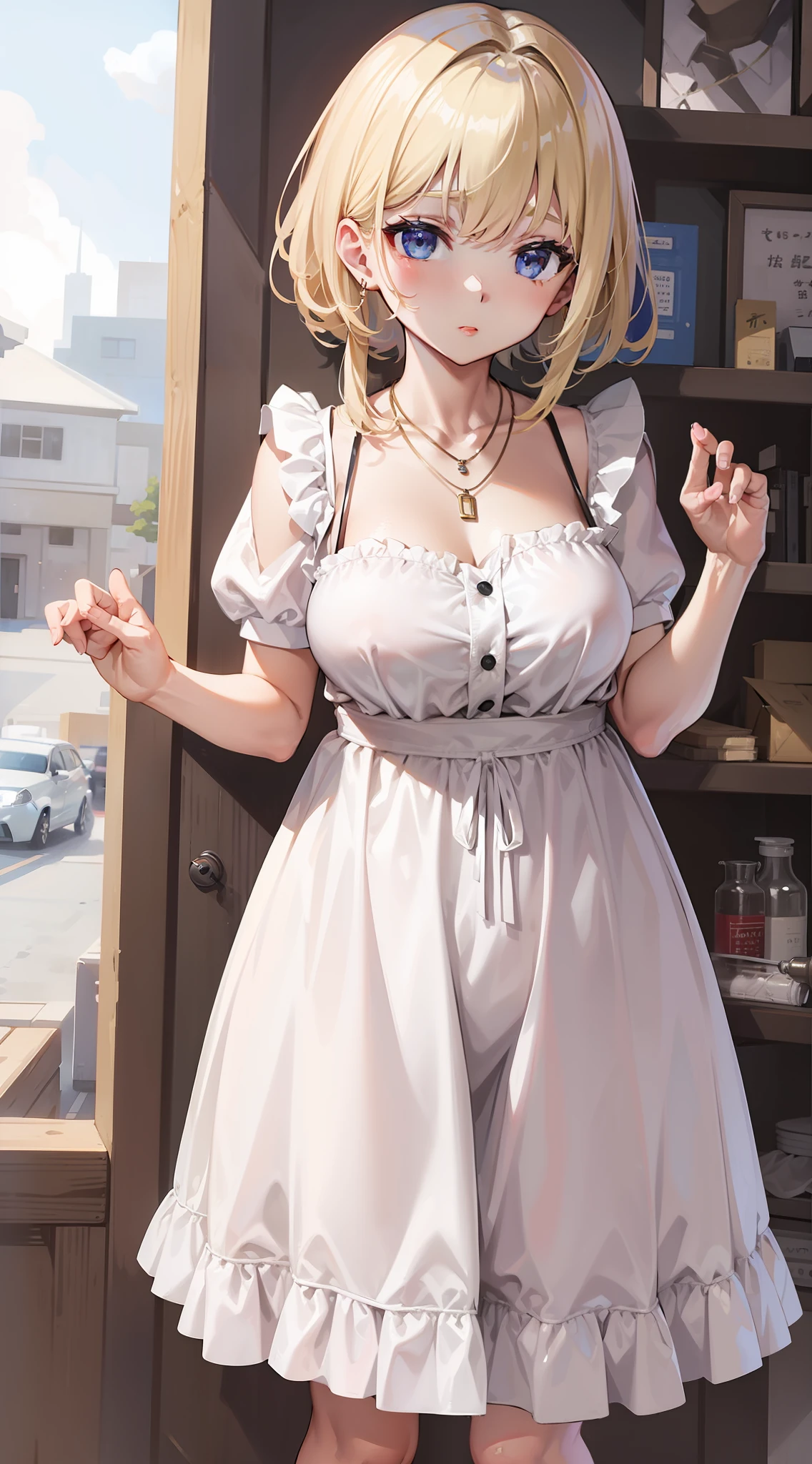 store clerk、pinafore、a necklace、White ruffled clothes