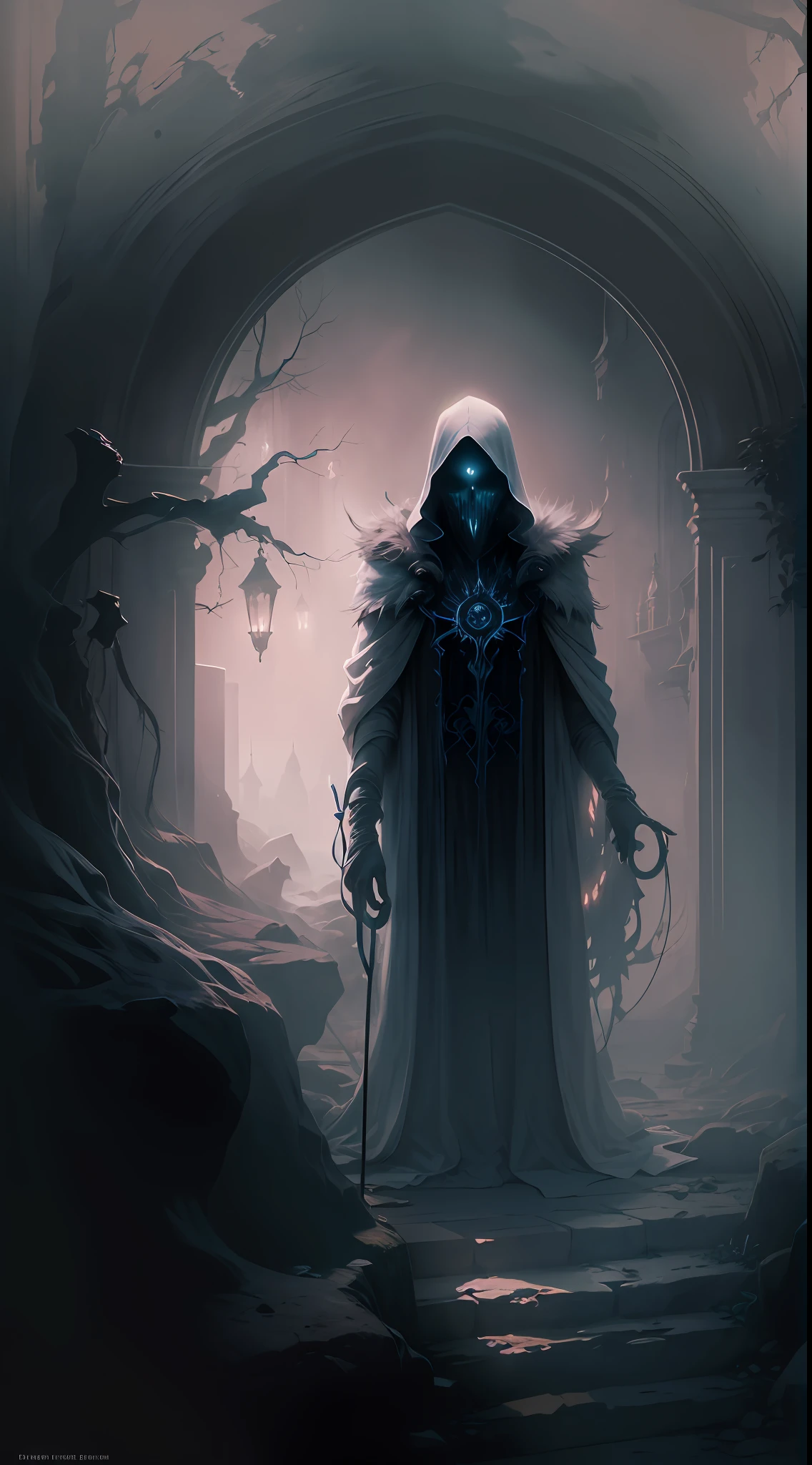 mysterious and ethereal that guards the threshold between life and death. His presence is enigmatic and powerful...., ( alas inmensas que se extienden hacia el horizonte), ( mirada penetrante que transmite serenidad y temor: 1.1). (Fondo Neblina oscura), He uses cool tones and deep shadows to emphasize his ethereal nature and his connection to the realm of death........(dark ilumination), ( Ethereal lighting),(Spectral illumination)