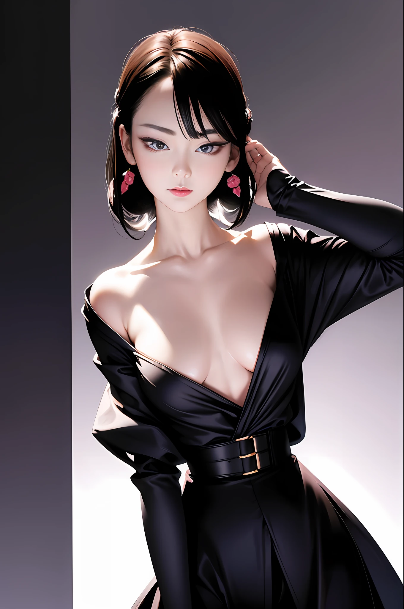 tsuruta ichiro, Narrow-eyed, 1girl in, Allback、shorth hair、brow、Reluctance、A dark-haired、Tucked Hair Solo, Cowgirl, Onepiece, ((mideum breasts)), Thin slit eyes、Black eyes, Light shines on the eyes、Black hair, gloves, Dress, Luxurious Jewelry, earrings, sharp eye、 elbow groves,Raise your hands and tie your hair back, random color, random color dress, Makeup for long eyes, Slender eyes、lip stick, Complex petal pattern, Rim Light, Back Light, pastel color,Studio Lighting
