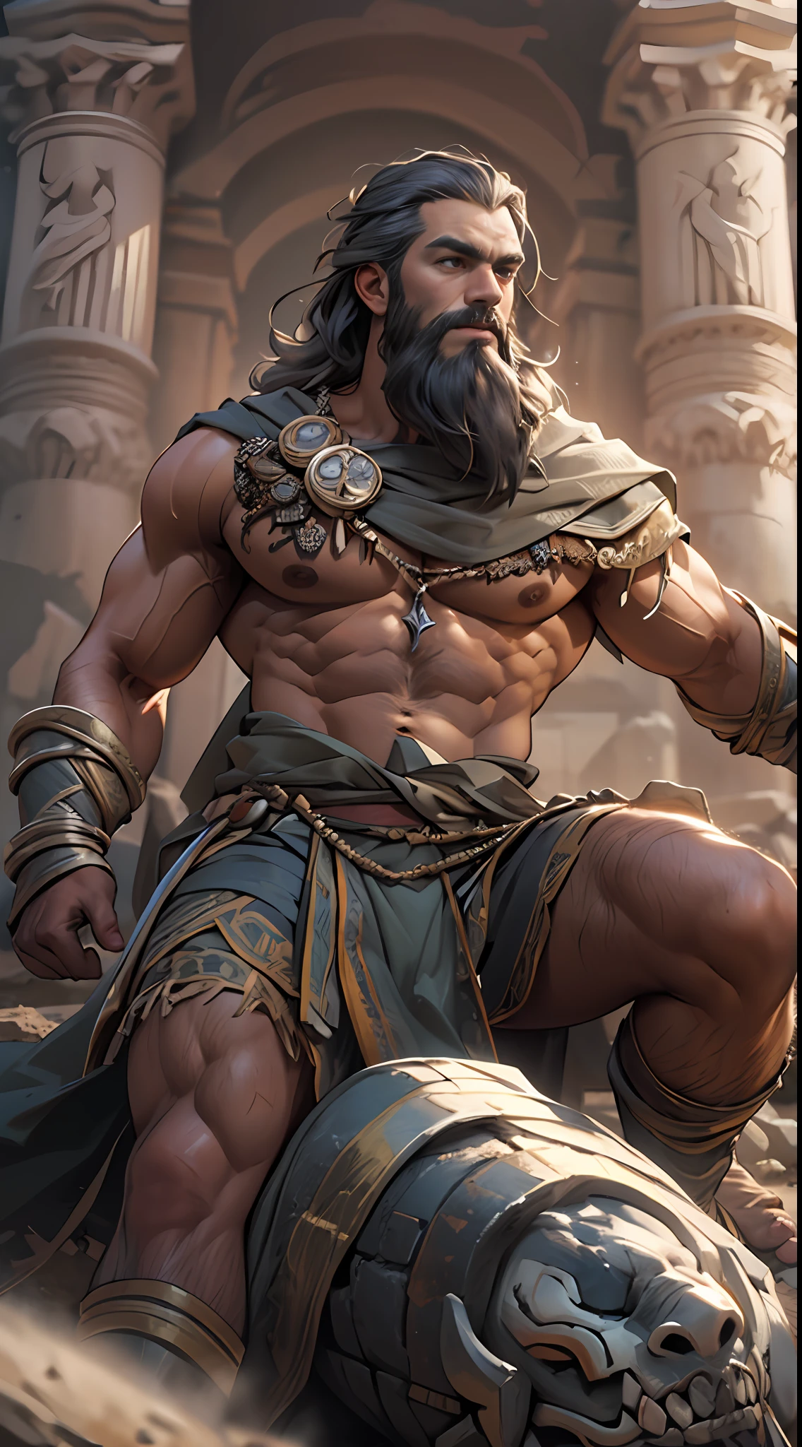 Sculpted hero, upper body uncovered, legs exposed from thighs to feet, bearded with beaded facial hair, luxuriant long curls, intricate muscularity, photorealistic portrayal, 4K resolution. Background: Epic battlefield with ancient ruins.,32k uhd, best quality, masterpiece, super detail, high details