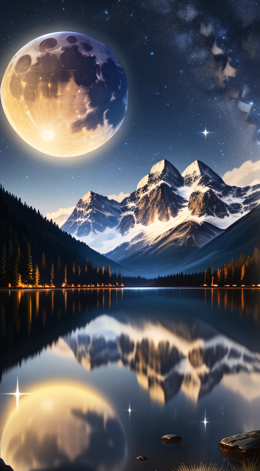Very starry night. A giant moon behind the mountains. A tranquil lake reflecting the night. Realistic scene, detailed, photorealism, 8k