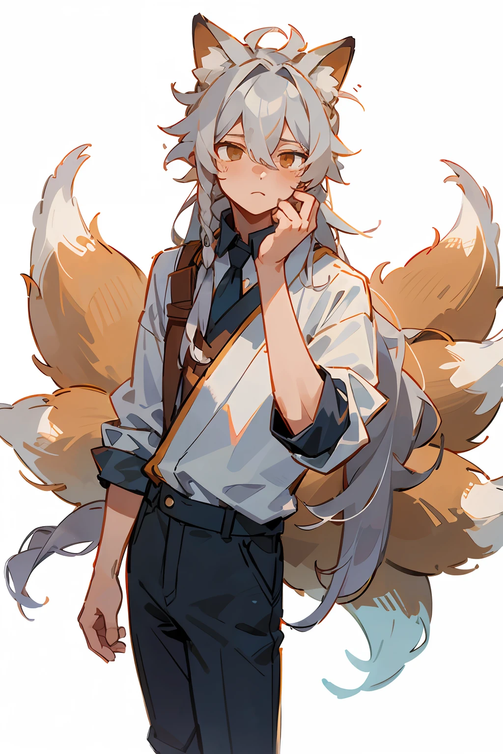 best quality, masterpiece, 1boy, fox ears, fox tail, french braid, messy hair, ((bangs over eyes)), sideburns,no backhair, tendrils, silver hair, sideburns, Citrine eyes, {{long hair}},