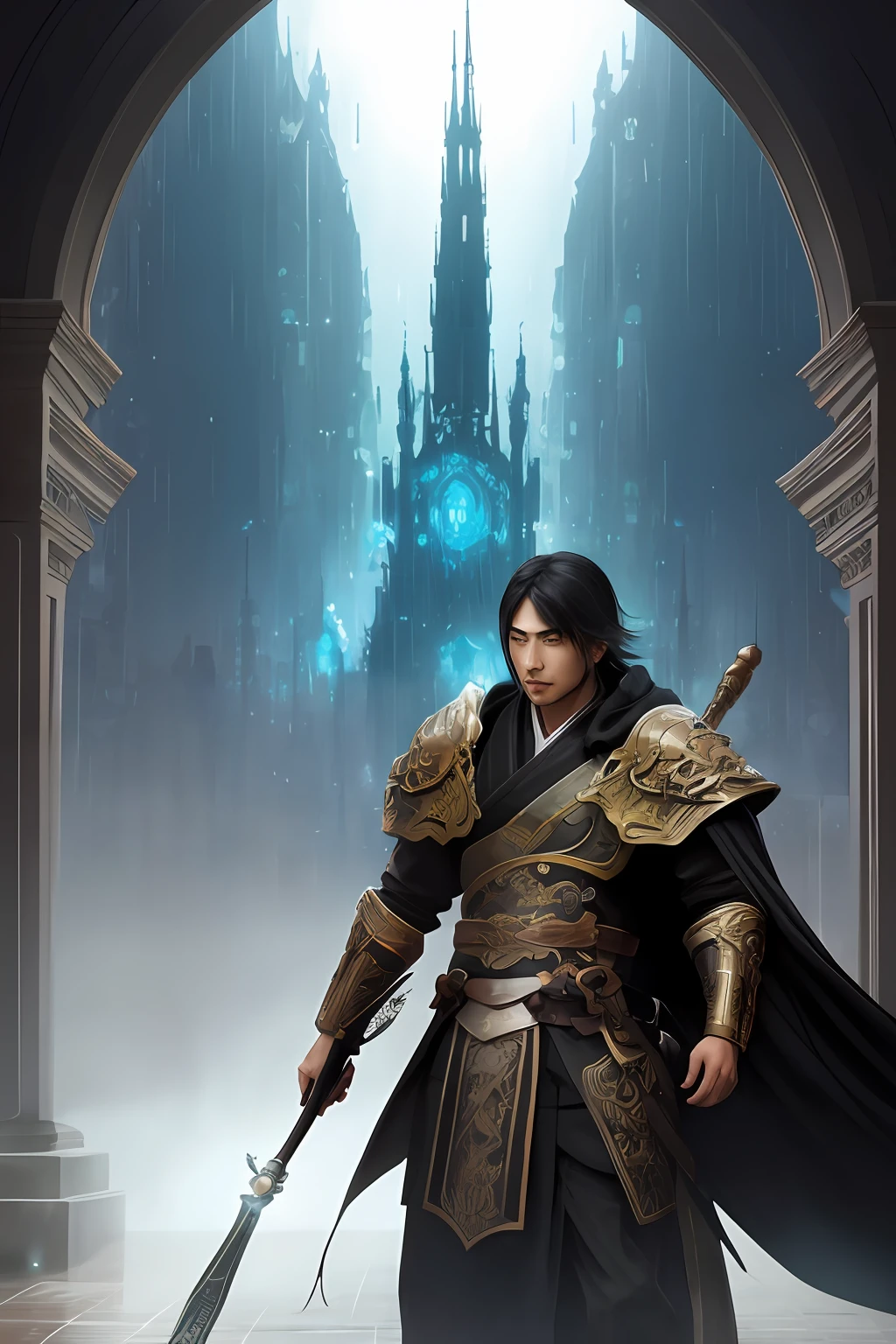 Photos of the most beautiful works of art in the world,Illustrate the gunman Zhao Yun,((fanciful))Short black hair and stubble,Take his spear,Black pupils,Brown robe,There is a black drawstring at the waist,The chest is covered with silvery-white scales,Fantastic location,Majestic desert setting,Full body rendering in 8k units,action photo,skin pore,very dark lighting,heavy shadow,Details and detailed faces,(with dynamism,realisticlying, realisticlying, dramatics, darkly, Sharp focus, 8k), (复杂: 1.4), decadent, (highly detailed: 1.4), digitial painting, rendering by octane, artstation, concept-art, smoothness, Sharp focus, illustratio, artgerm art, (loish: 0.23), wlop Ilya Kuvshinov, and greg rutkowski and Alphonse mucha Gracias, (globalillumination, Studio light, volumettic light), very heavy rain, Floating particles