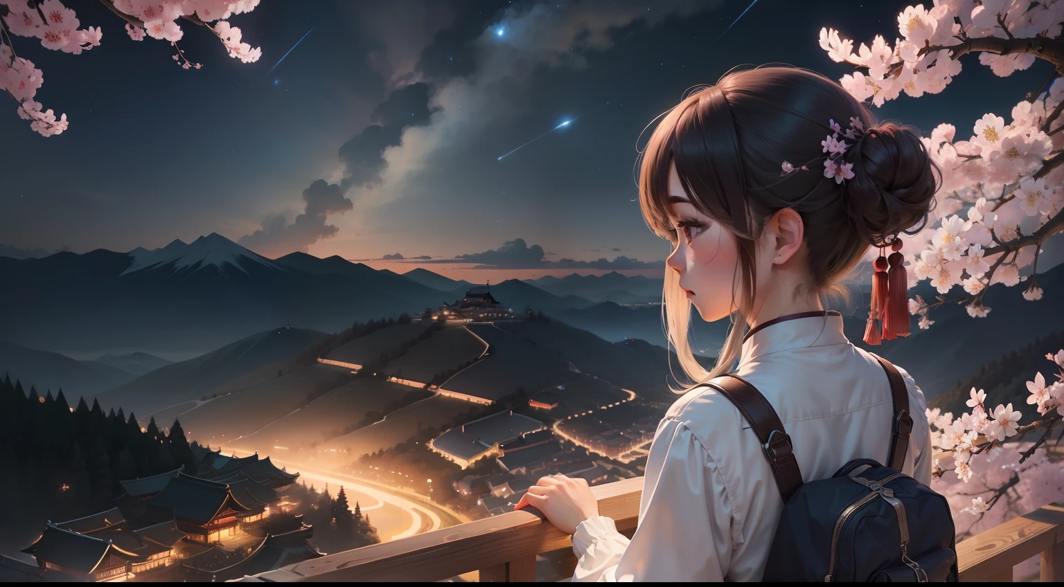 Fantastic atmosphere、Soft Cloud、Night sky with shooting stars、Cherry blossoms blooming on the mountainside、Girl in Chinese clothes looking at the scenery with her back turned