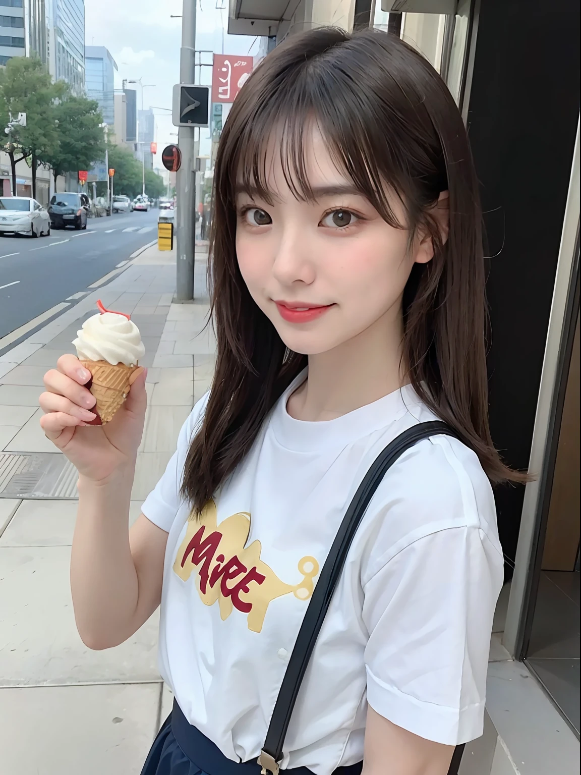 ((top-quality、in 8K、masterpies:1.3))、1girl in、Beautiful woman with slim abs accent:1.3、Super Detail Face、Delicat eyes、二重まぶた、full body Esbian、poneyTail、20yr old、be shy、Brown hair、Street、summer clothing、skirt by the、Ice cream、Holding ice cream in hand、laugh、Opens mouth and laughs