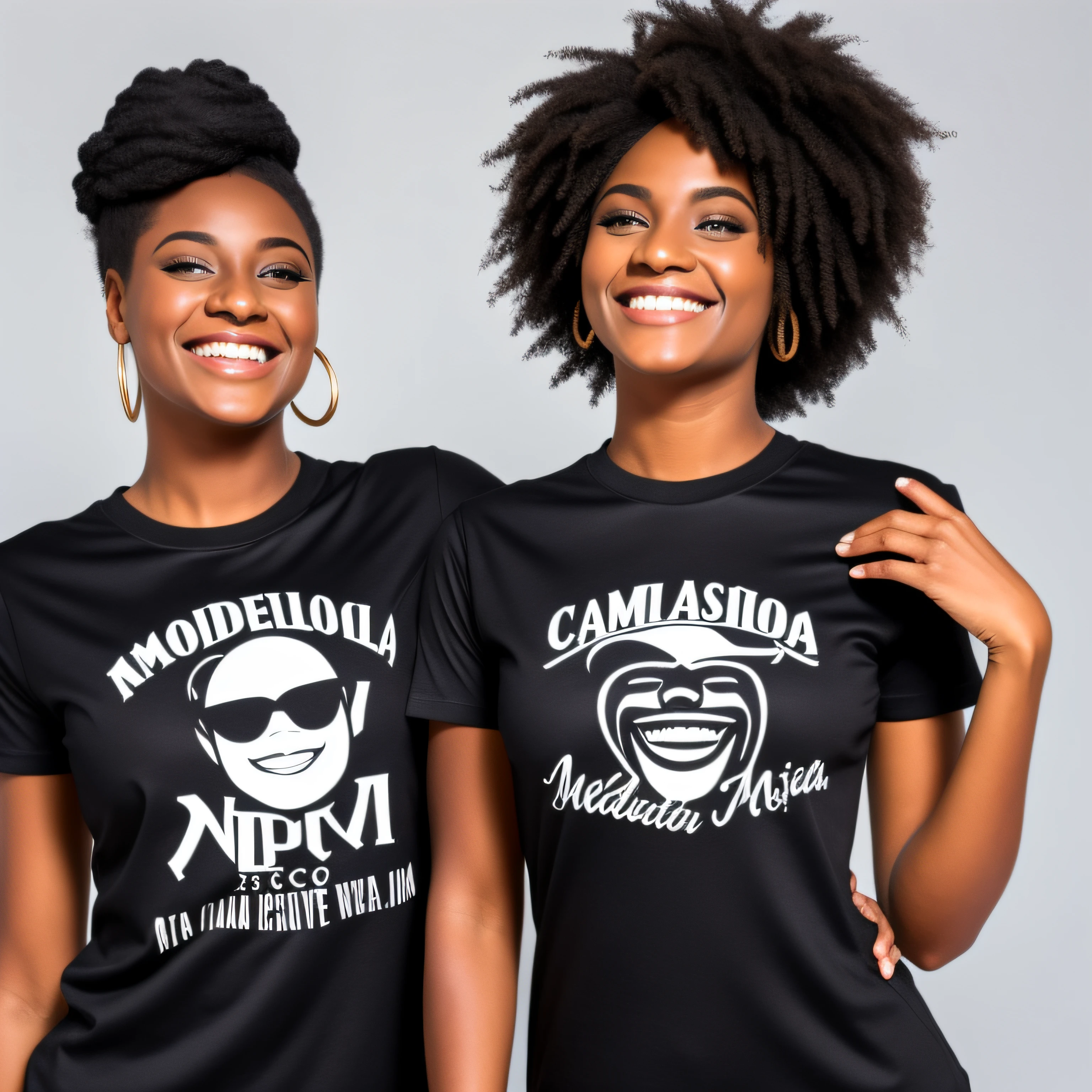modelo negra realista feliz com uma camiseta preta sorrindo com amigos