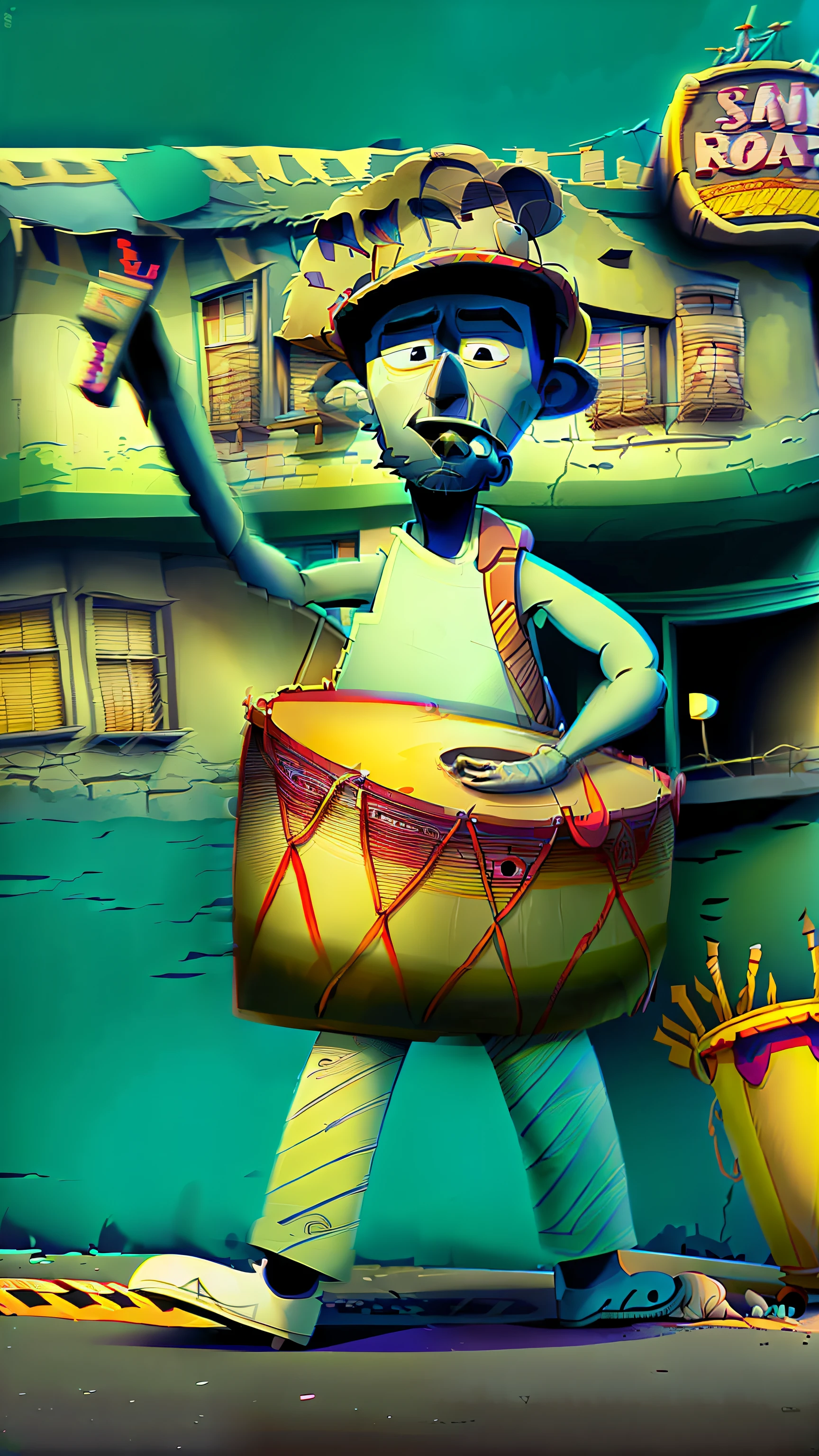 Cartoon of a man with a hat and a drum in front of a building, animation still, animation movie still, animation movie still, animation still screencap, An illustraion, hand - drawn animation, desenho animado ainda, stylised illustration, Directed by: Emma Rios, Directed by: CeFerí Olivé, video animation, animation illustrative style, filme ainda de um desenho animado