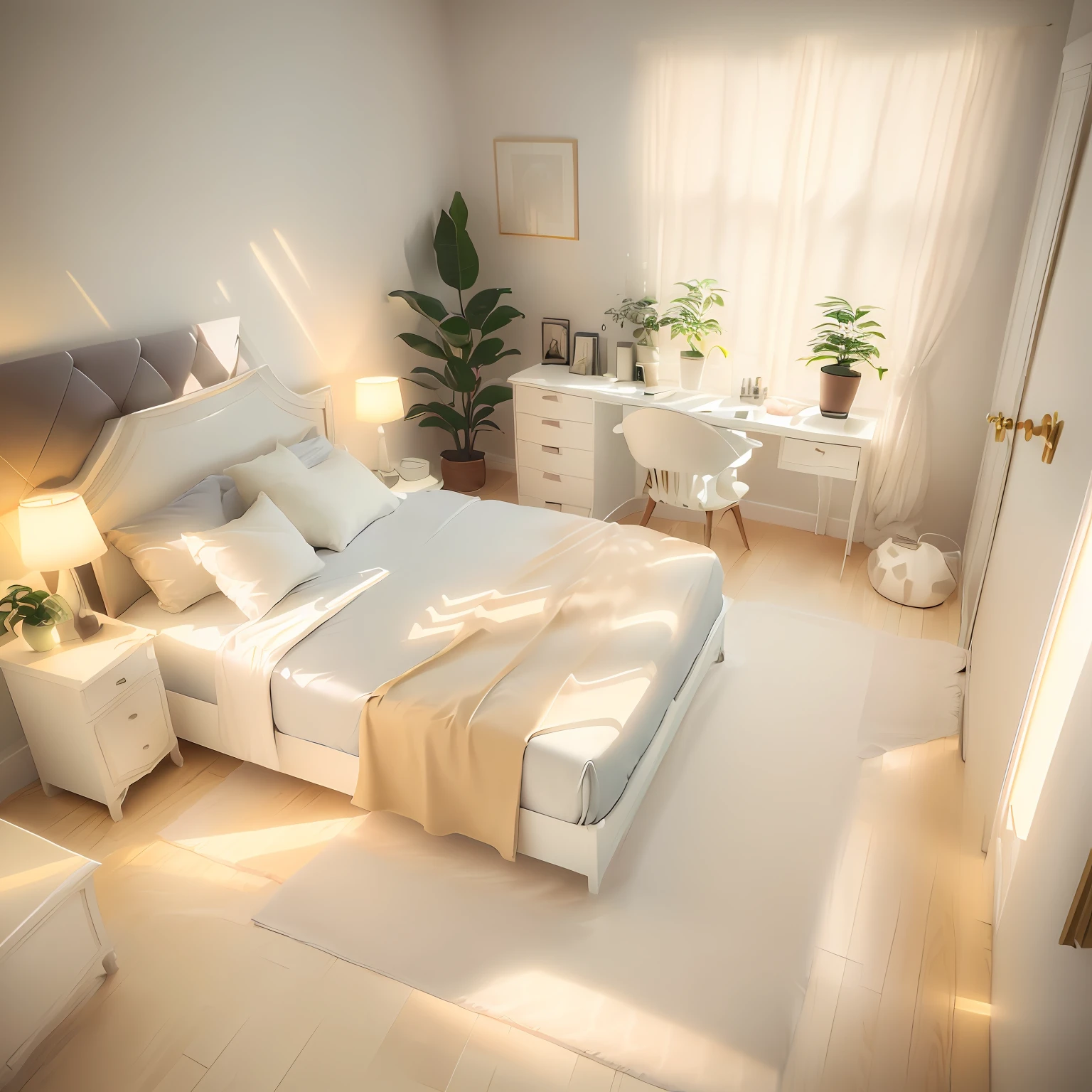 Equidistant rooms,Plain white background, Best quality, ((low polygon)),(Extremely detailed Cg Unity 8K wallpaper), (Best quality), (Best Illustration), (Best shadow),((Bedroom)), Cream style,Pastel tones, Light curtains, carpets,wardrobe,Cotton and linen sheets, Wooden furniture, Soft light, a plant, picure, vases,rendering by octane,Ray tracing,Ultra detailed