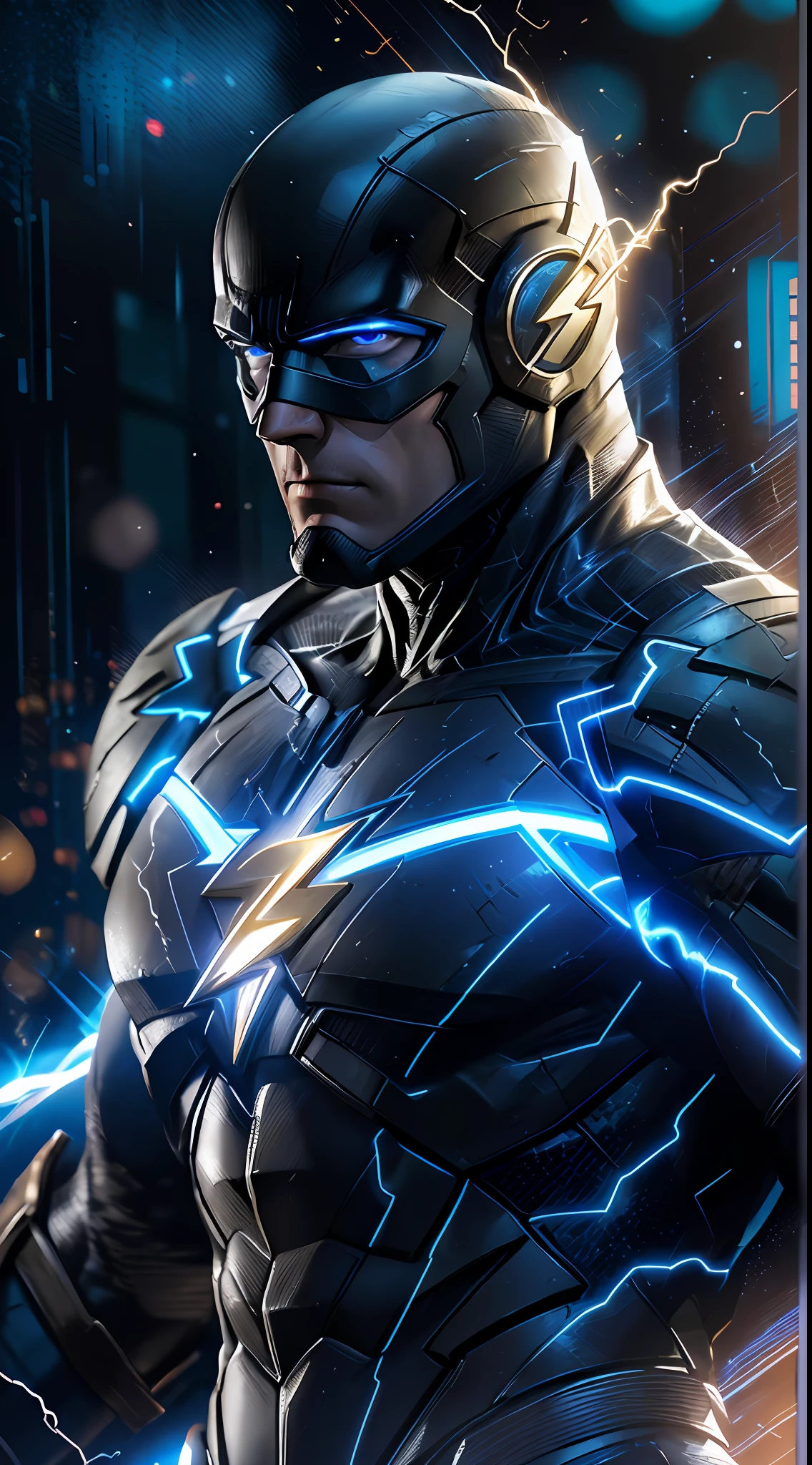 The Flash (Injustice 2), best quality, high resolution, tall, muscular, hunk, white  black and cobalt blue neon suit, big glowing blue eyes, standing powerfully pose, blue lightning trail, detailed face, detailed suit, ultra detailed, masterpiece, tunnle of light in the background, 4k, raw photo, volumetric lighting, low camera angle