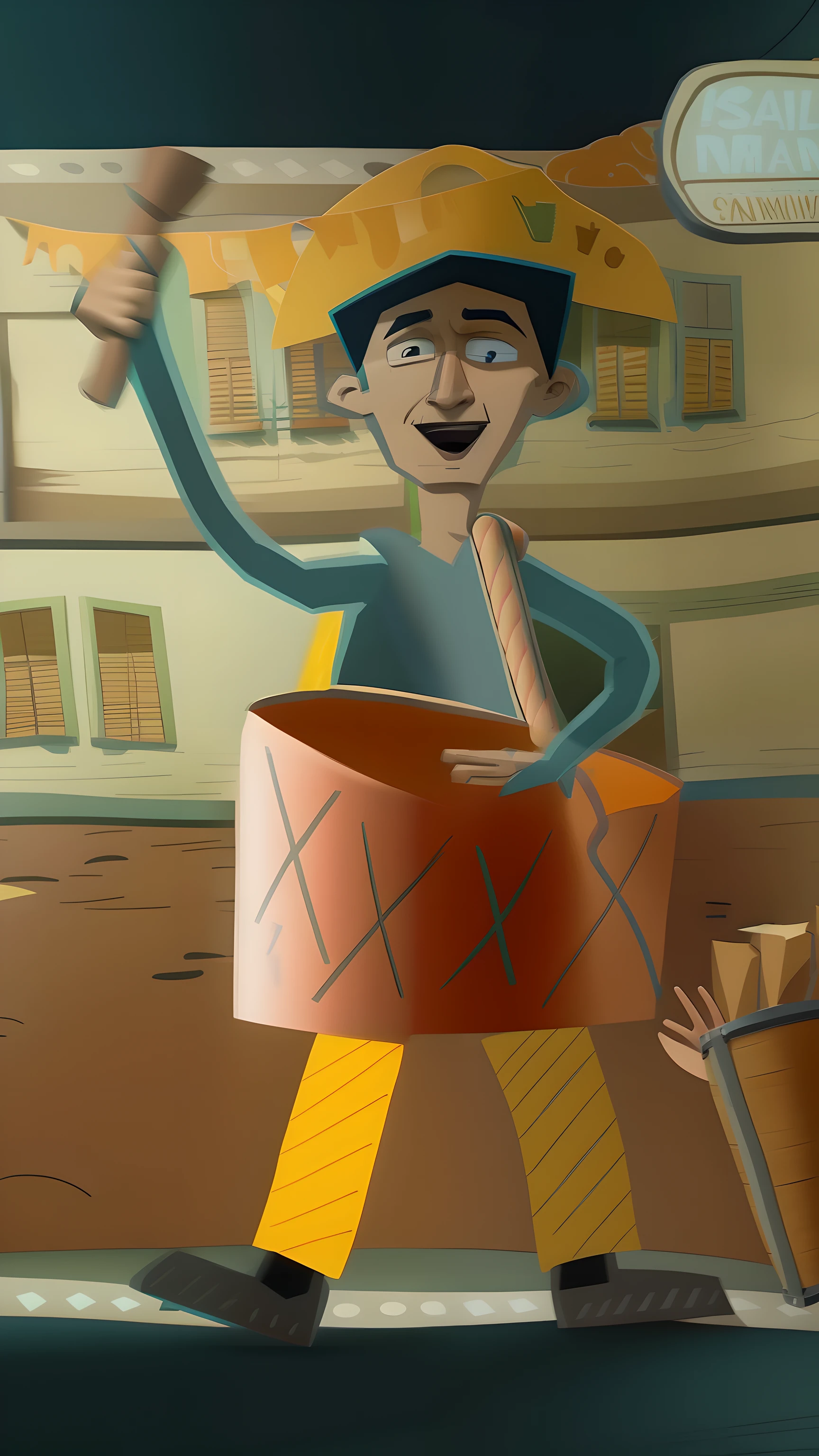 Cartoon of a man with a hat and a drum in front of a building, animation still, animation movie still, animation movie still, animation still screencap, An illustraion, hand - drawn animation, desenho animado ainda, stylised illustration, Directed by: Emma Rios, Directed by: CeFerí Olivé, video animation, animation illustrative style, filme ainda de um desenho animado