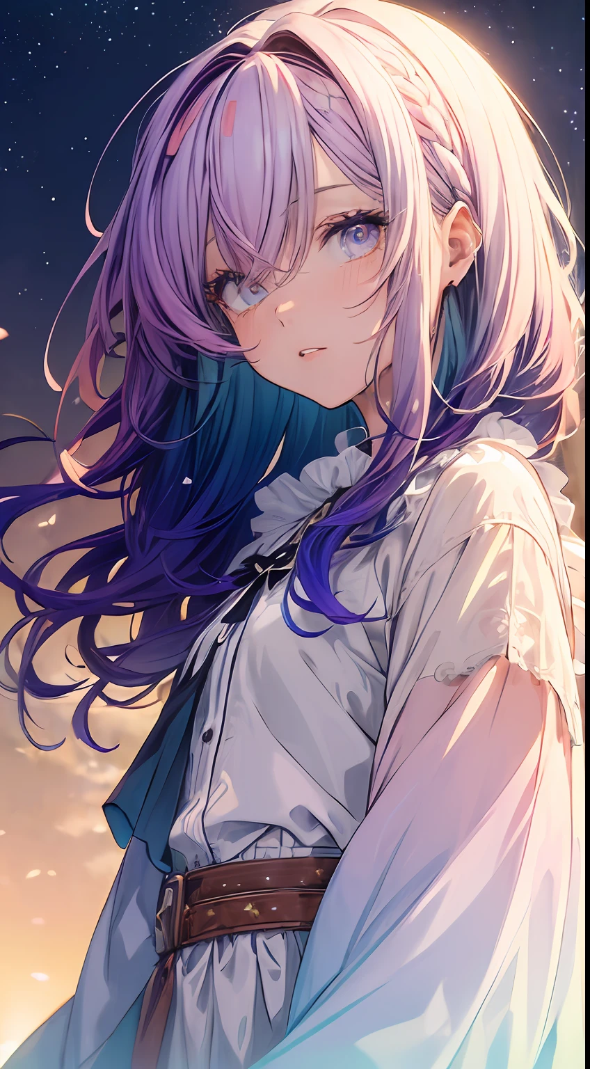 (gradient hair:1.6), dutch angle, film grain, chromatic aberration, starry sky, masterpiece, best quality, raw photo, photorealistic, absurdres, 1girl, cute, perspective, cowboy shot, highres, ultra detailed, finely detail, detailed eyes and face, sharp pupils, realistic pupils, sharp focus, summer, (white long dress:0.6)