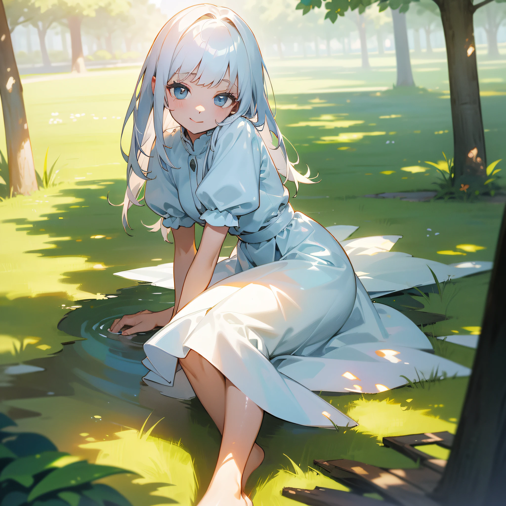 ((Masterpiece,Best quality)),1girll, Solo,Knees up, dress, Short sleeves,Barefoot, view the viewer, Smile, White hair, Puffy sleeves, Outdoors, puffy short sleeves, bangs, on ground, full bodyesbian, Sunlight, Dappled sunlight, day, Depth of field ,Wet
