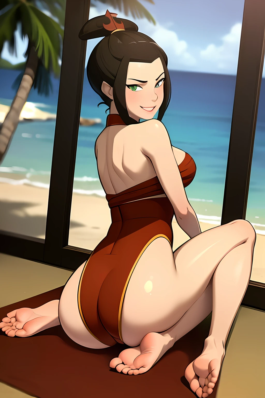 masterpiece, best quality, 1girl, azula, green eyes, smile, sitting, feet up, soles, ass, beach, ocean, sand,