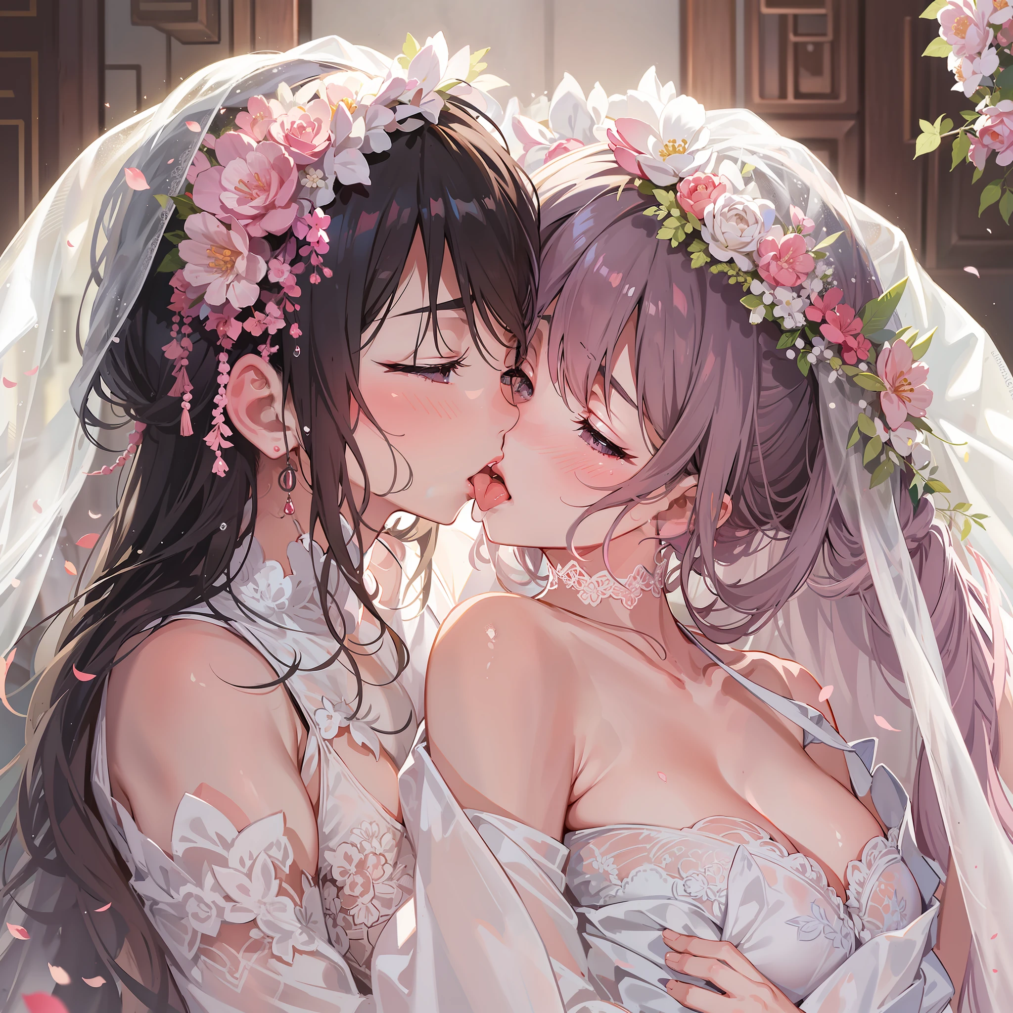 Two Japanese brides，Cuddle together，Lie down in bed，Intimate contact，Stroke the chest，kisses，Mouth to mouth，Kiss，tongue kissing，face with beads of sweat，The chest is pressed together，in wedding dresses，White veil，Clothing sheer，huge tit，cropped shoulders，pink areolae，Intimate embraces，Mouth to mouth，Stick out her tongue，Lick the，Lots of sweat on the face，Get wet，Eyes are confused