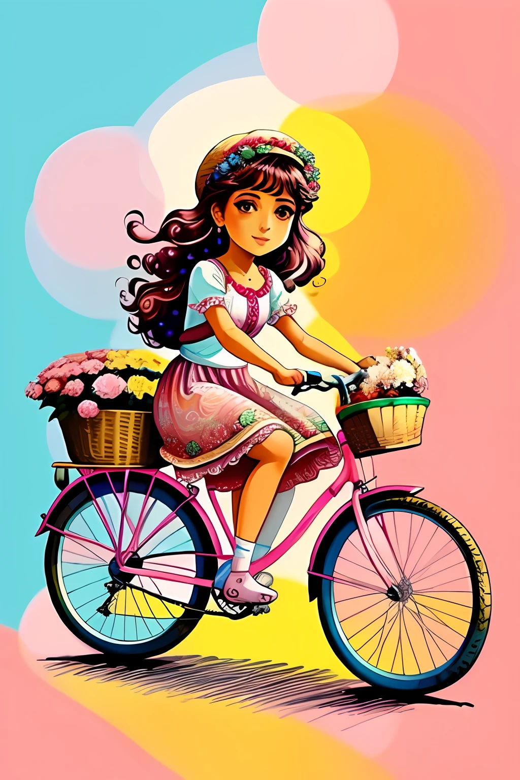 (Uma Garota de beleza extrema andando de bicicleta com vestido Rosa e na bicicleta uma cesta de flores rosas e colorida,feliz)),(bicicleta rosa)),  Eduardo Kobra acolchoamento ,multidimensional geometric PORTRAIT wall, arte, chibi,
yang08k, lindo, colorido,
obras-primas, qualidade superior, melhor qualidade, arte oficial, beautiful and aesthetic,