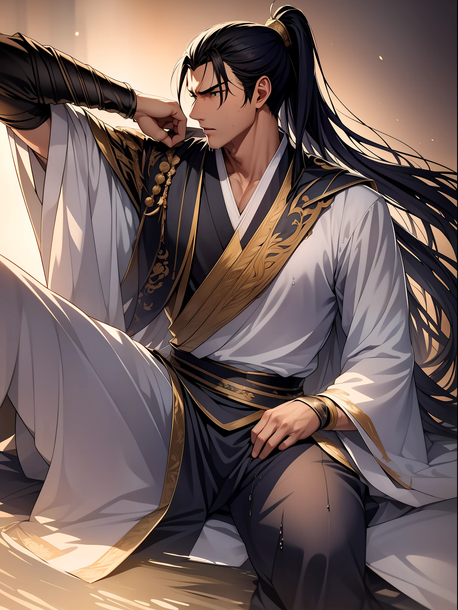 quadratic element,style of anime,1 man(Male Warrior),musculature,The proportions are correct,Face details,swordsmen,High ponytail hairstyle,perspired,Sweat on the face,drools,Neck details,There is an Adam's apple,Get wet,Drenched,Black Hanfu,kaftan,Embroidered robes,Black robe,clothes details,Handing over,longer sleeves,Game quality,Swordsmanship,Light and shadow tracking,Ray traching,detailed glow,cg render,hair detail,cabelos preto e longos,Golden eyes,Sweat on the face,Handsome,Handsome,Beads of sweat slipped down my neck,(juvenile sense),Clothing is complicated,Drenched,Get wet,Perfectcomposition,Refinement,high qulity,higher details,Lots of details,The background is complex,a sense of atmosphere,