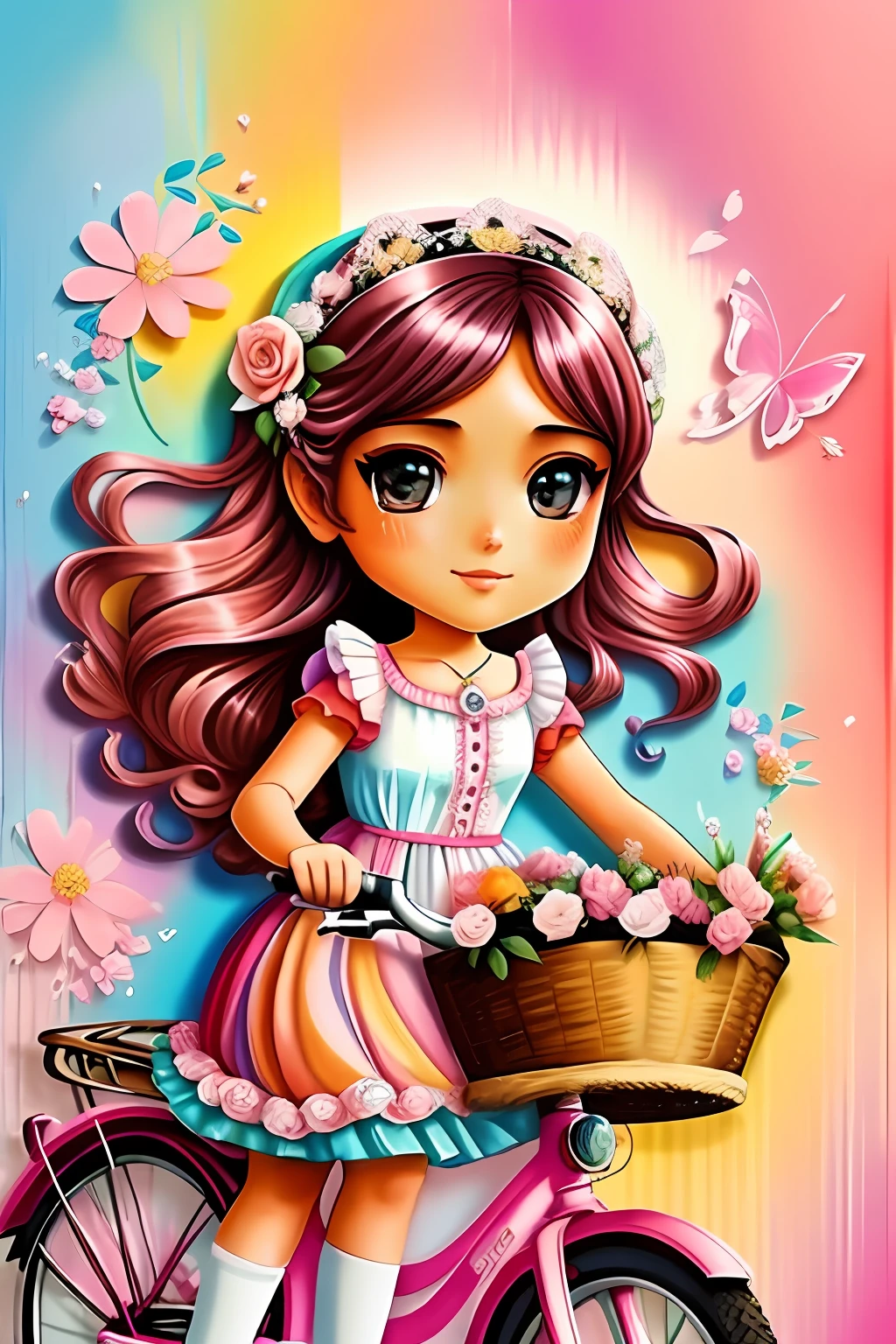 (Uma Garota de beleza extrema andando de bicicleta com vestido Rosa e na bicicleta uma cesta de flores rosas e colorida,feliz)),(bicicleta rosa)),  Eduardo Kobra acolchoamento ,multidimensional geometric PORTRAIT wall, arte, chibi,
yang08k, lindo, colorido,
obras-primas, qualidade superior, melhor qualidade, arte oficial, beautiful and aesthetic,