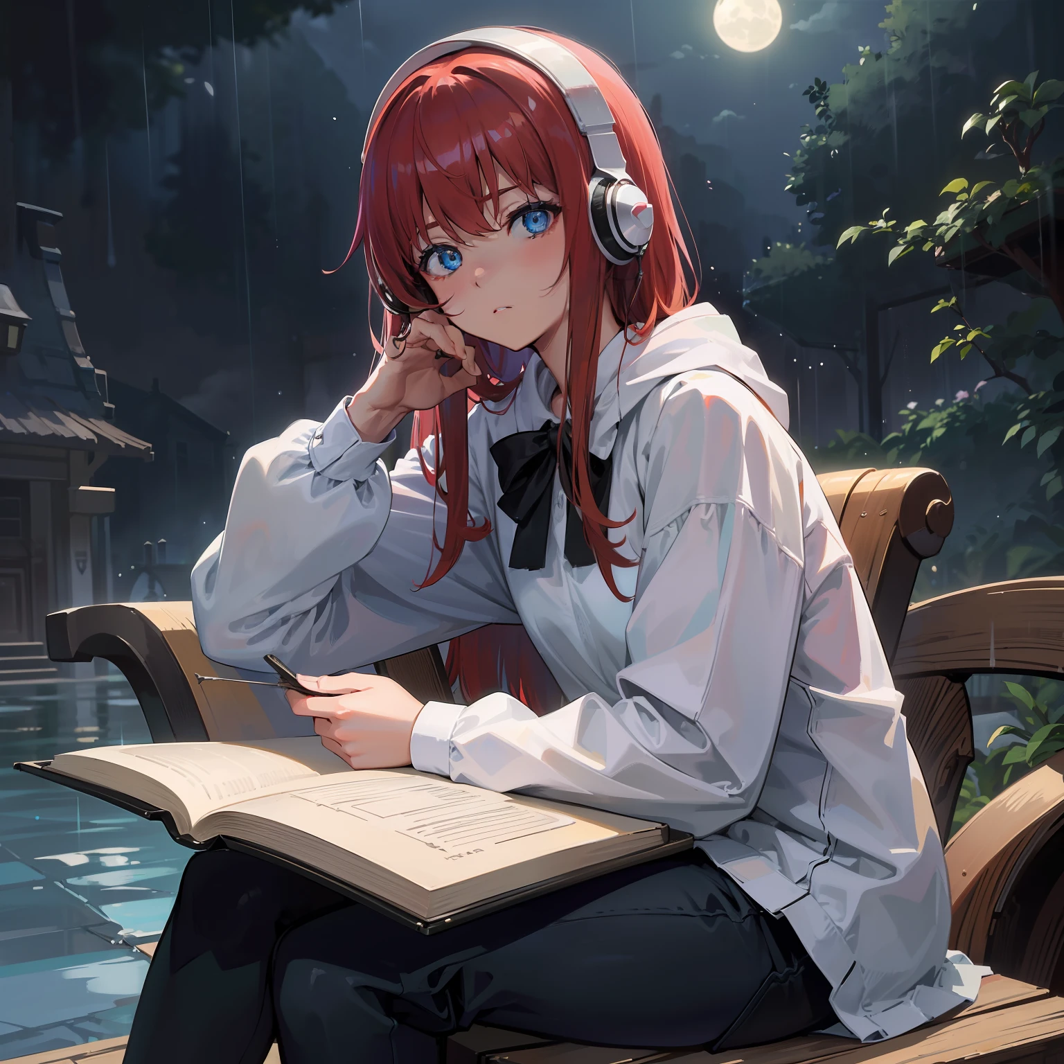 (1girl), ((24 year old woman)), hombros desnudos, sin mangas, Camisa sin mangas, ombligo, ((red hair)), bowl cut hair, pelo desordenado, black jeans, (manos detalladas), (manos perfectas), ((Calidad superior, obra maestra, super definicion, ultra definicion)), parte superior, heterocromias eyes, left eye color green, right eye color blue, shiny eyes, (((ojos detallados))) (maquillaje fuerte), deliniado, maquillaje, escote, pechos medianos, calle, buena iluminacion, ((obra maestra)), mujer sentada en una silla de la calle, headphones, poste de luz, silla de madera, sentada en la silla de madera, headphones rgb, raining, luna llena, estrellas, mirando al espectador,