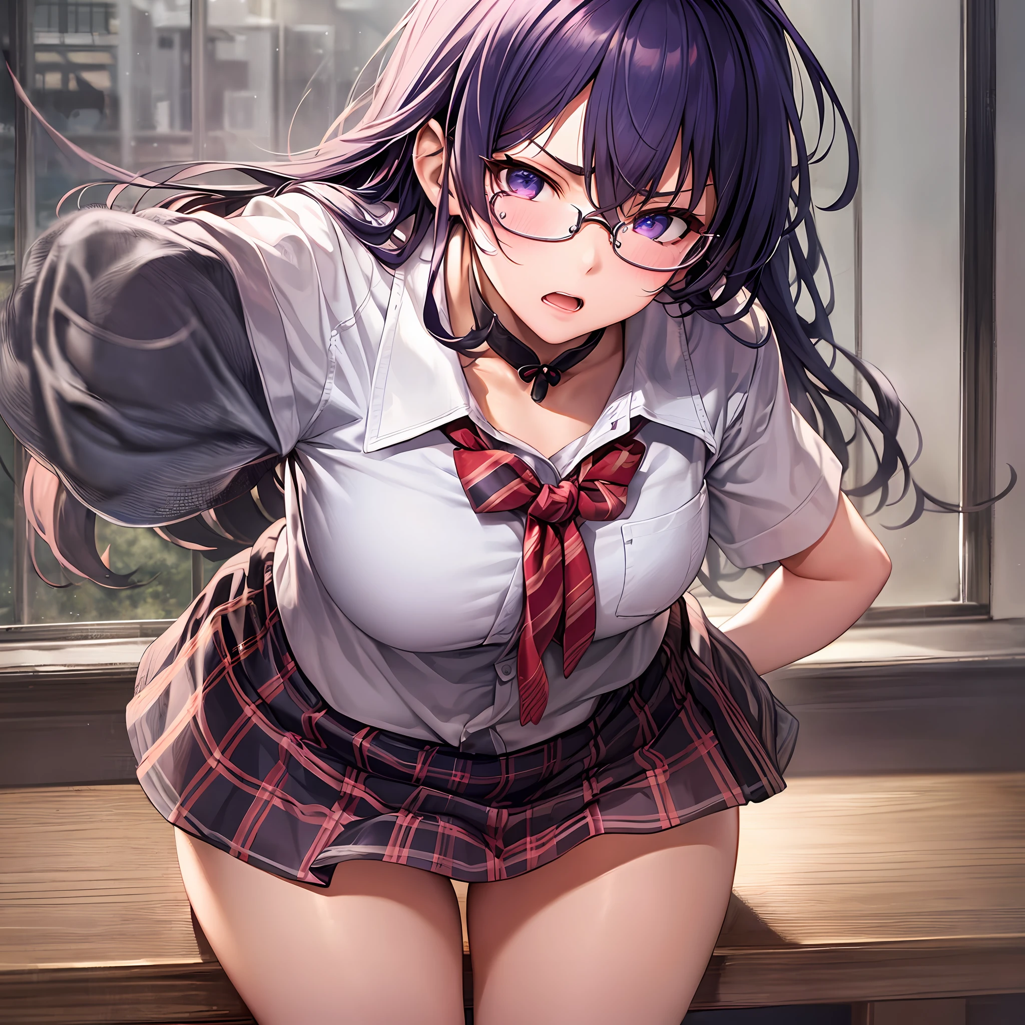 (masterpiece, best quality, ultra detailed, hyper realistic, photo),delicate pattern, detailed background, uncensored completely,
1raiden shogun, cowboy shot,  japanese girl, class room,
school uniform, loose collar, skirt, looking over eyewear,
hair between eyes,
put up index finger and one hand on hip,  angry with puffed cheeks,
from above, leaning forward,