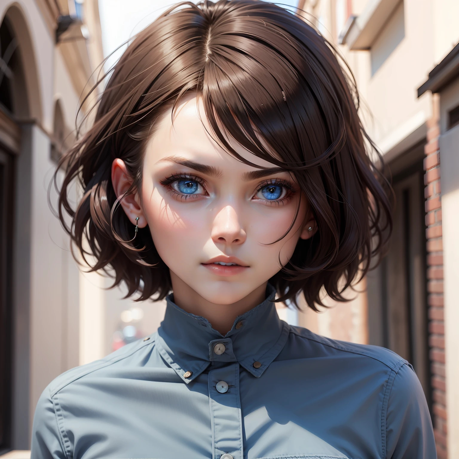 brunette color hair,blueneyes,short detailed hair