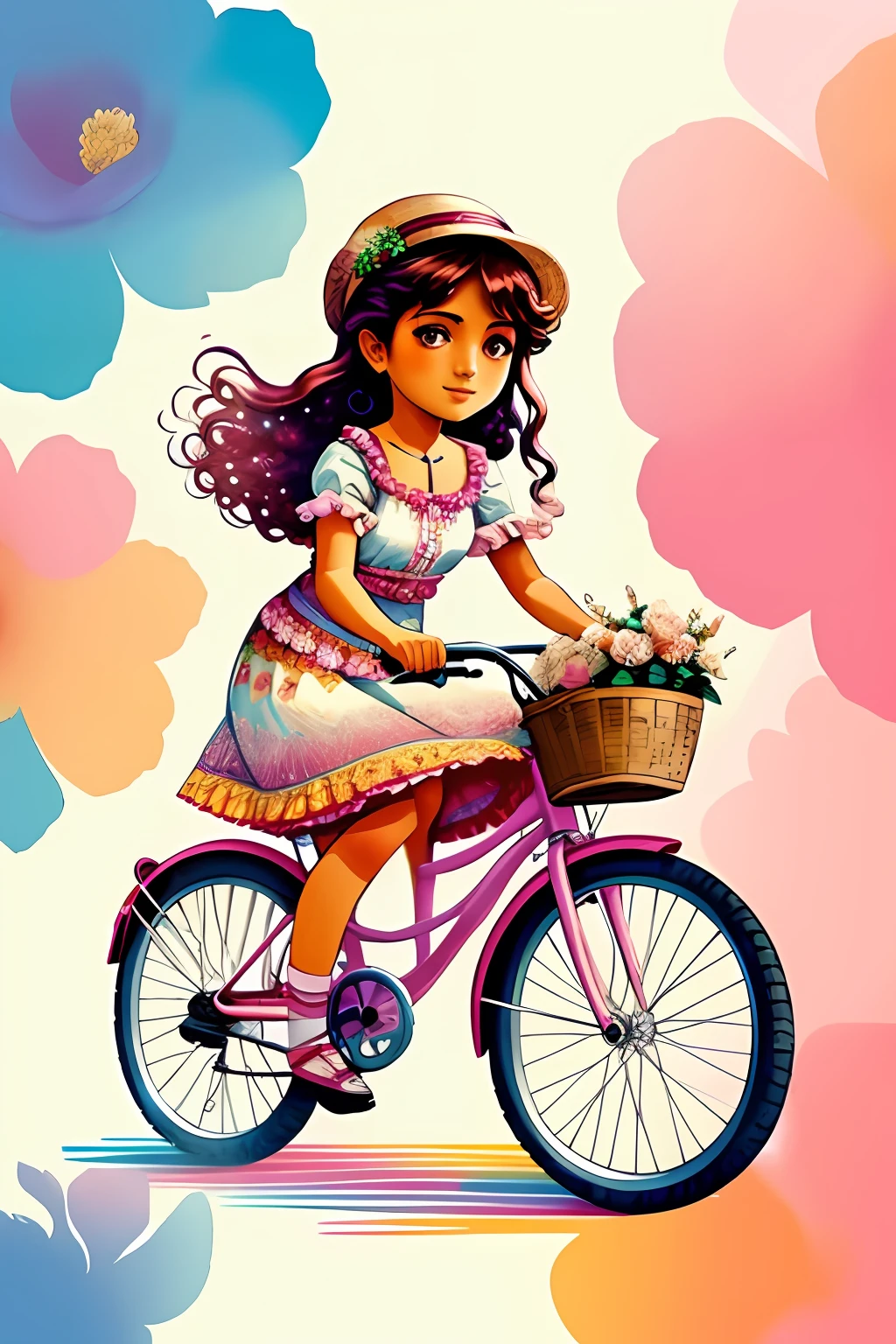 (Uma Garota de beleza extrema andando de bicicleta com vestido Rosa e na bicicleta uma cesta de flores rosas e colorida,feliz)),(bicicleta rosa)),  Eduardo Kobra acolchoamento ,multidimensional geometric PORTRAIT wall, arte, chibi,
yang08k, lindo, colorido,
obras-primas, qualidade superior, melhor qualidade, arte oficial, beautiful and aesthetic,