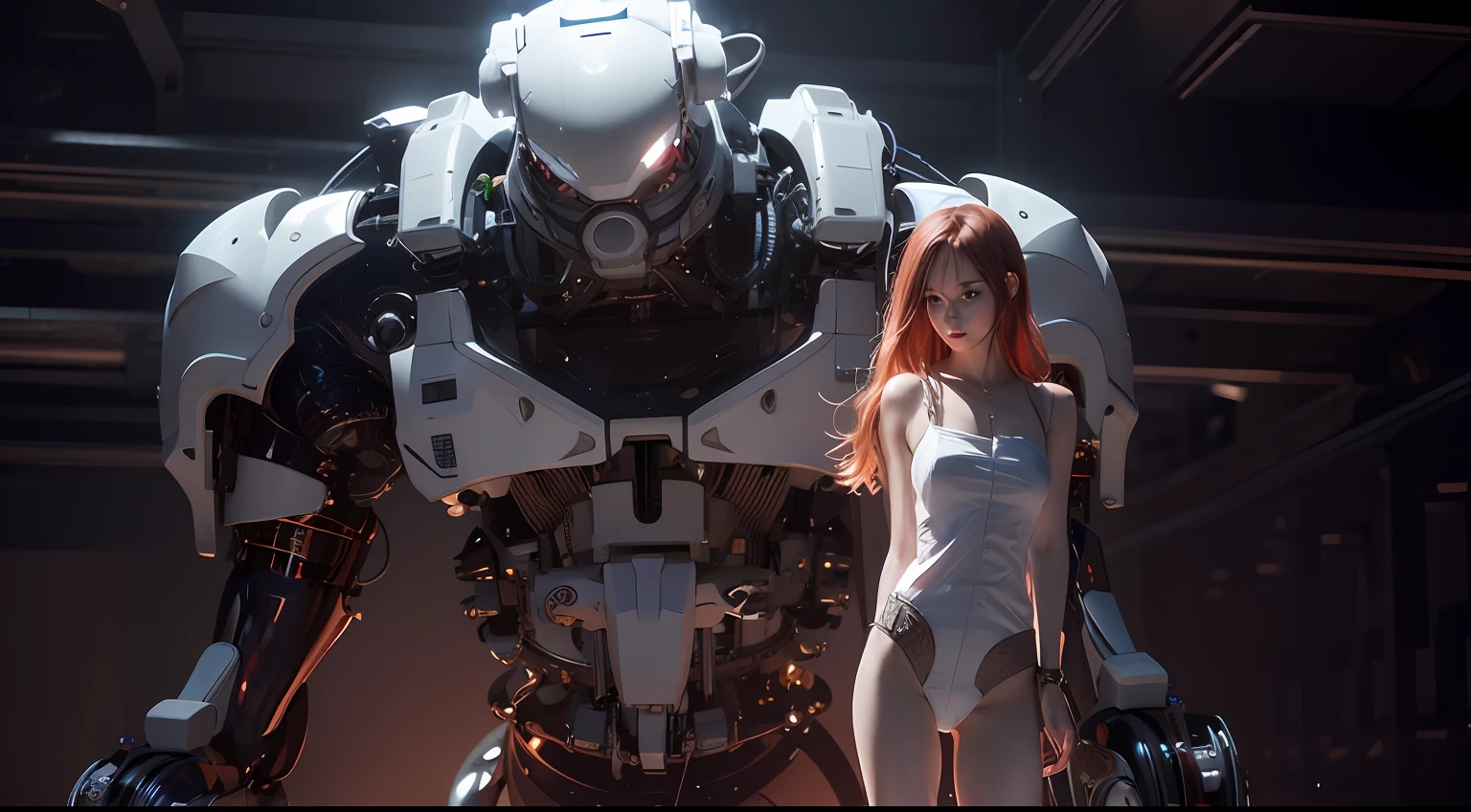 In a dark room,There was a woman standing next to the robot, akihiko yoshida. illusory engine, unreal engine rendered + A goddess, cgsociety 8 k, cgsociety 8k, cgsociety 8k, CGsociety masterpiece, cgsociety contest winner, 3 D rendering character art 8 K, wlop and krenz cushart