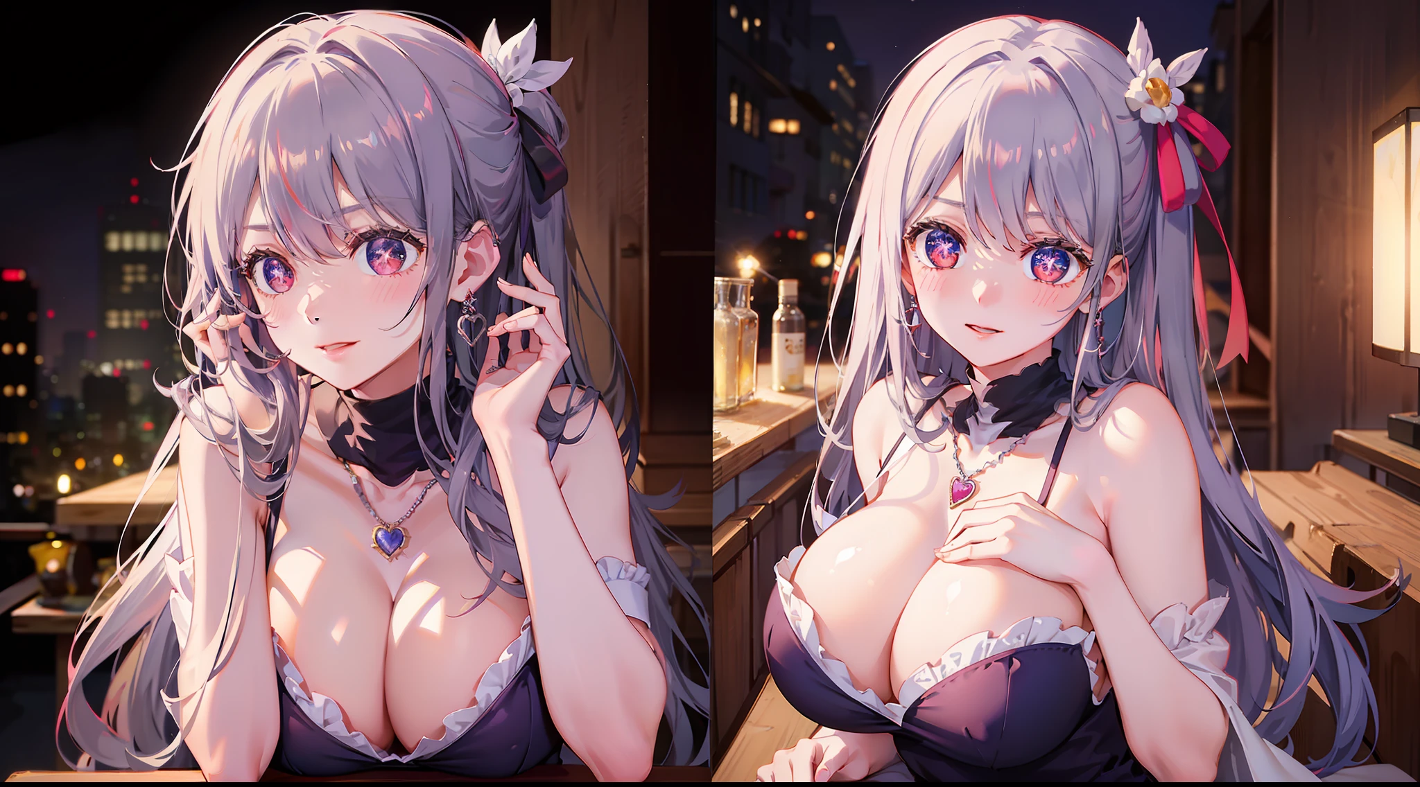 A girl crawls in the park at night,Clear sky in the background. Park benches and soft lighting, Rear photo, (Side photography), looking back at the viewer, (Masterpiece), ((Ultra-detailed)), (Highly detailed), (Expressionless), (Best quality: 1.2), 8K, hdr, A high resolution, absurderes: 1.2, Object perspective, Blurred background, Bokeh: 1.1, Lens flare, (vivd colour: 1.2), High quality texture, Detailed texture, High-quality lighting and shadows, a face with perfect proportion, full bodyesbian, Mature and excited body, Detailed skin texture, vibrant, pale and radiant skin, natural saggy breasts, gigantic bosom: 1.5, High waist, Narrow waist: 1.3, Wide hips, Full buttocks, Detailed beautiful face, (PureErosFace_V1:1.3)(Ulzzang-6500:0.4) Detailed beautiful eyes, Symmetrical eyes, Perfect eyes, Seductive eyes, Beautiful nose, High nose, Clear blush, Detailed lips, Earrings, hoop earings, necklace, jewelry, Sapphire heart necklace, Silver-toned high-heeled sandals, Seductive expression, Smile, Perfect hands, Delicate and beautiful fingers, Detailed beautiful legs, photo-realistic hair, detailed hairs, (Silver dress, Red dress, Blue dress), Chisato Nishiki, Long hair, Blonde hair, (Red eyes: 1.5), Hair ribbon, Bob cut, Red hair ribbon,),Huge breasts,Japan goddess,blush,