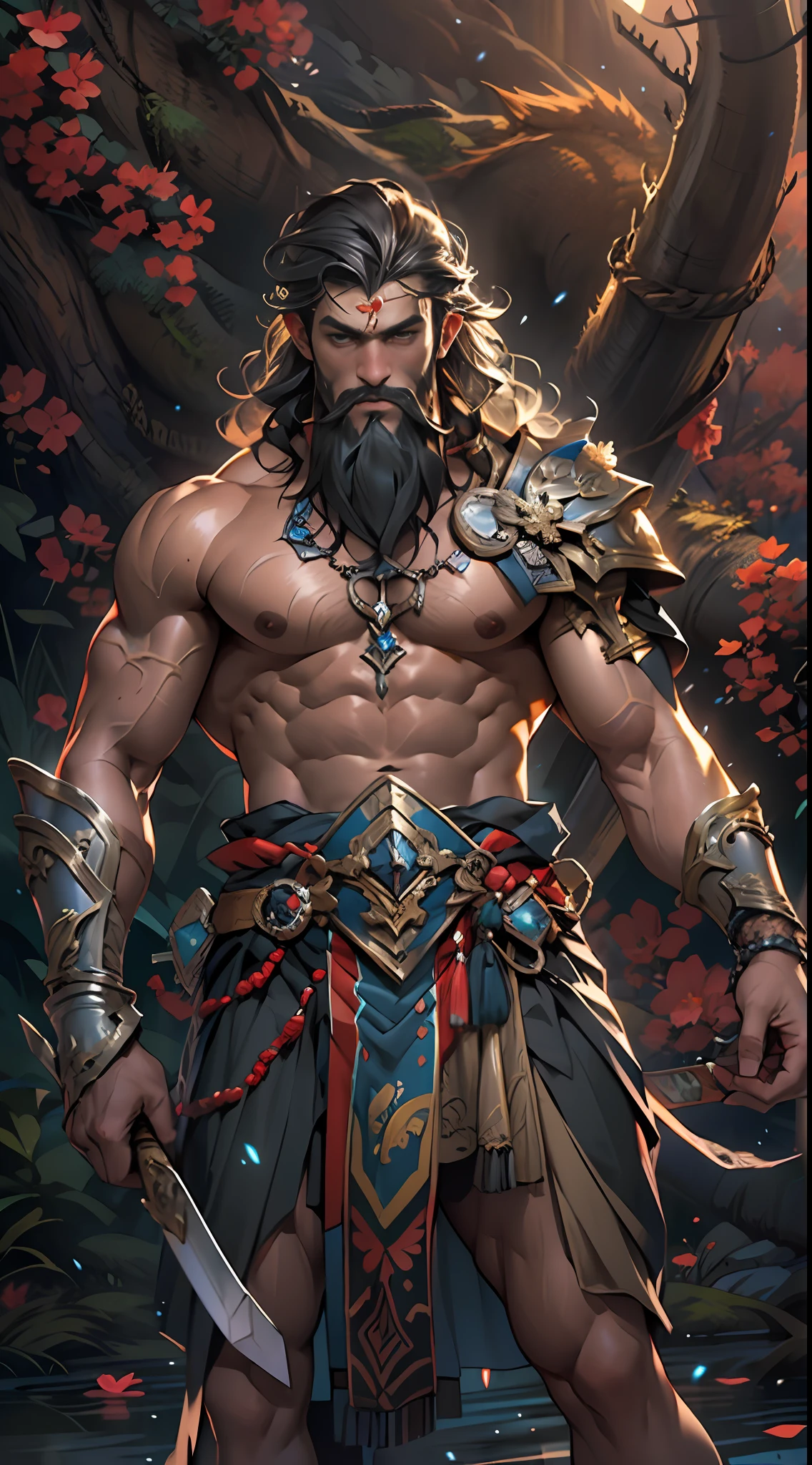 Powerful warrior, upper torso unveiled, lower body uncovered from thighs to feet, decorated with a beaded beard, cascading long curls, meticulous muscle definition, lifelike depiction, 4K resolution. Background: Mythical fantasy landscape,32k uhd, best quality, masterpiece, super detail, high details