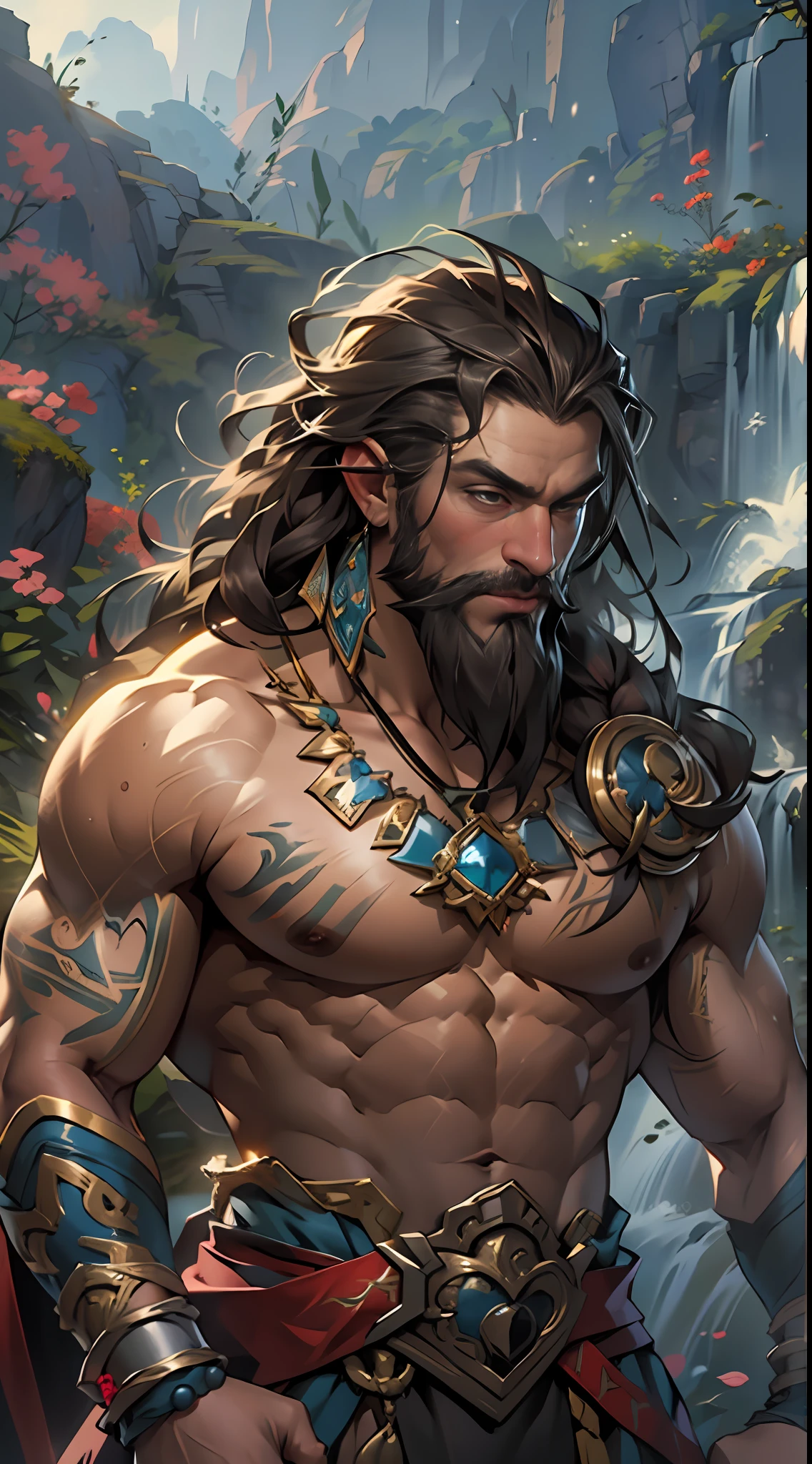 Powerful warrior, upper torso unveiled, lower body uncovered from thighs to feet, decorated with a beaded beard, cascading long curls, meticulous muscle definition, lifelike depiction, 4K resolution. Background: Mythical fantasy landscape,32k uhd, best quality, masterpiece, super detail, high details