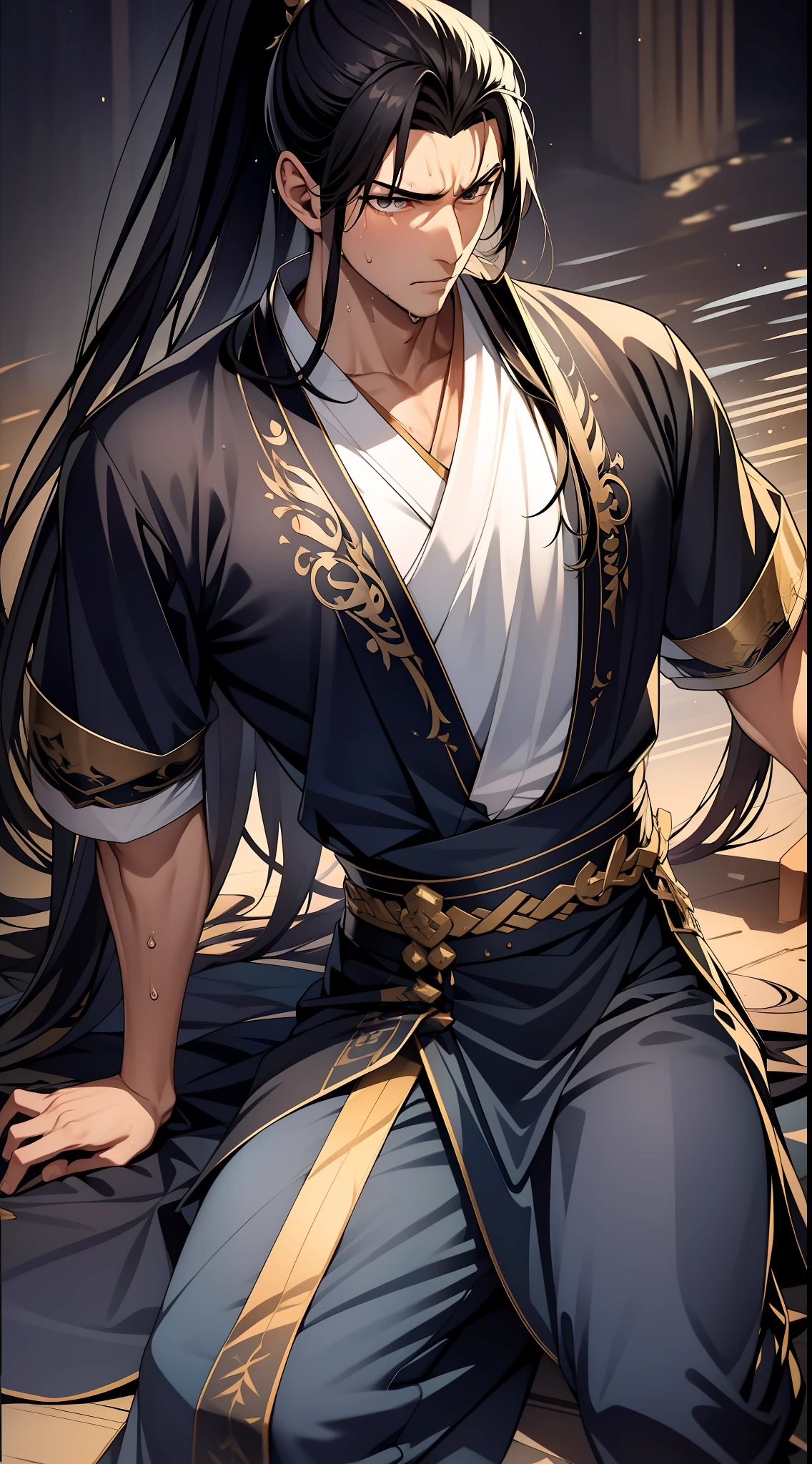 quadratic element，style of anime，mtu（Male Warrior），musculature，The proportions are correct，Face details，swordsmen，High ponytail hairstyle，perspired，Sweat on the face，drools，Neck details，There is an Adam's apple，Get wet，Drenched，Black Hanfu，kaftan，Embroidered robes，Black robe，clothes details，Handing over，longer sleeves，Game quality，Swordsmanship，Light and shadow tracking，Ray traching，detailed glow，cg render，hair detail，cabelos preto e longos，Golden eyes，Sweat on the face，Handsome，Handsome，Beads of sweat slipped down my neck，（juvenile sense），Clothing is complicated，Drenched，Get wet，Perfectcomposition，Refinement，high qulity，higher details，Lots of details，The background is complex，a sense of atmosphere，