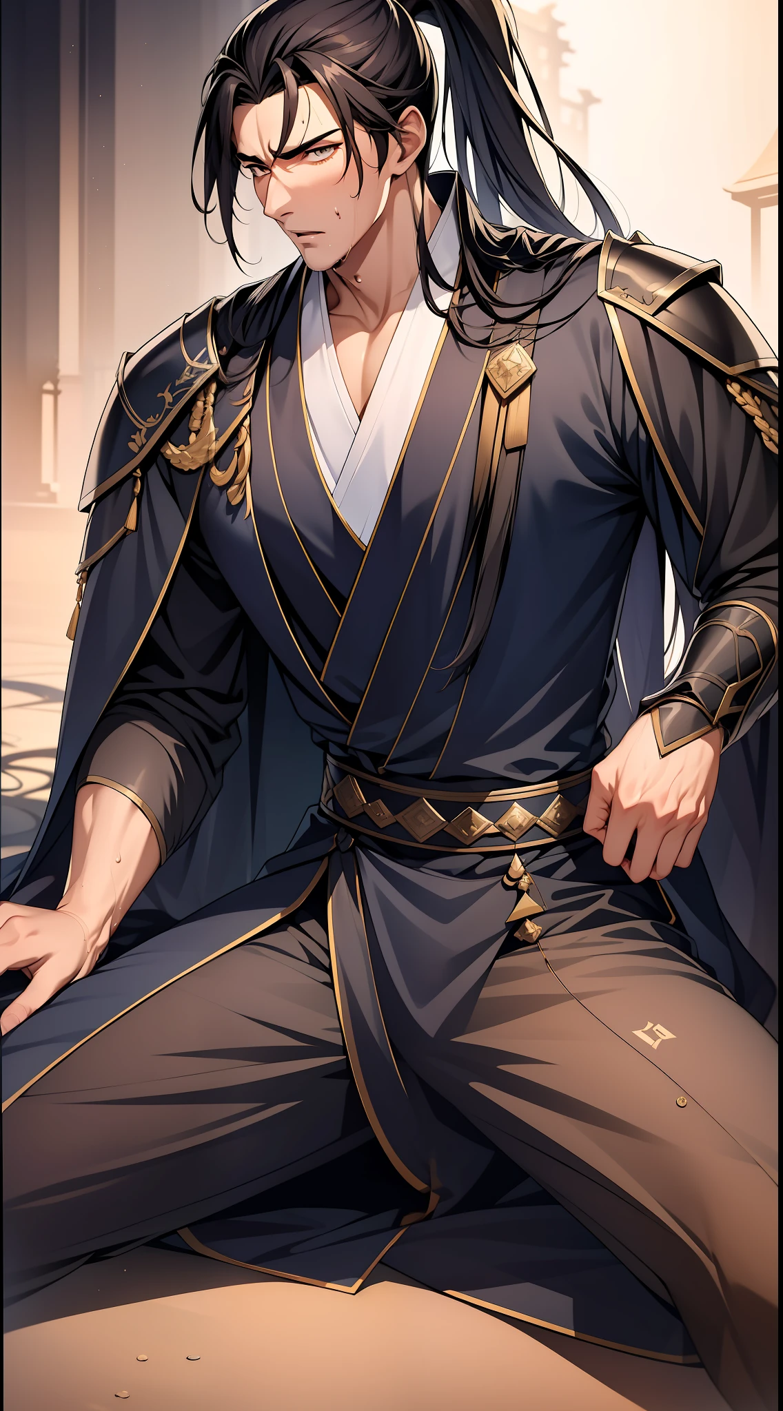 quadratic element,style of anime,mtu(Male Warrior),musculature,The proportions are correct,Face details,swordsmen,High ponytail hairstyle,perspired,Sweat on the face,drools,Neck details,There is an Adam's apple,Get wet,Drenched,Black Hanfu,kaftan,Embroidered robes,Black robe,clothes details,Handing over,longer sleeves,Game quality,Swordsmanship,Light and shadow tracking,Ray traching,detailed glow,cg render,hair detail,cabelos preto e longos,Golden eyes,Sweat on the face,Handsome,Handsome,Beads of sweat slipped down my neck,(juvenile sense),Clothing is complicated,Drenched,Get wet,Perfectcomposition,Refinement,high qulity,higher details,Lots of details,The background is complex,a sense of atmosphere,