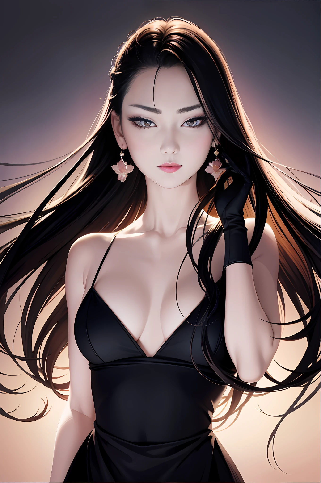 tsuruta ichiro, Narrow-eyed, 1girl in, Allback、shorth hair、brow、Reluctance、A dark-haired、Tucked Hair Solo, Cowgirl, Onepiece, ((mideum breasts)), Thin slit eyes、Black eyes, Light shines on the eyes、Black hair, gloves, Dress, Luxurious Jewelry, earrings, sharp eye、 elbow groves,Raise your hands and tie your hair back, random color, random color dress, Makeup for long eyes, Slender eyes、lip stick, Complex petal pattern, Rim Light, Back Light, pastel color,Studio Lighting