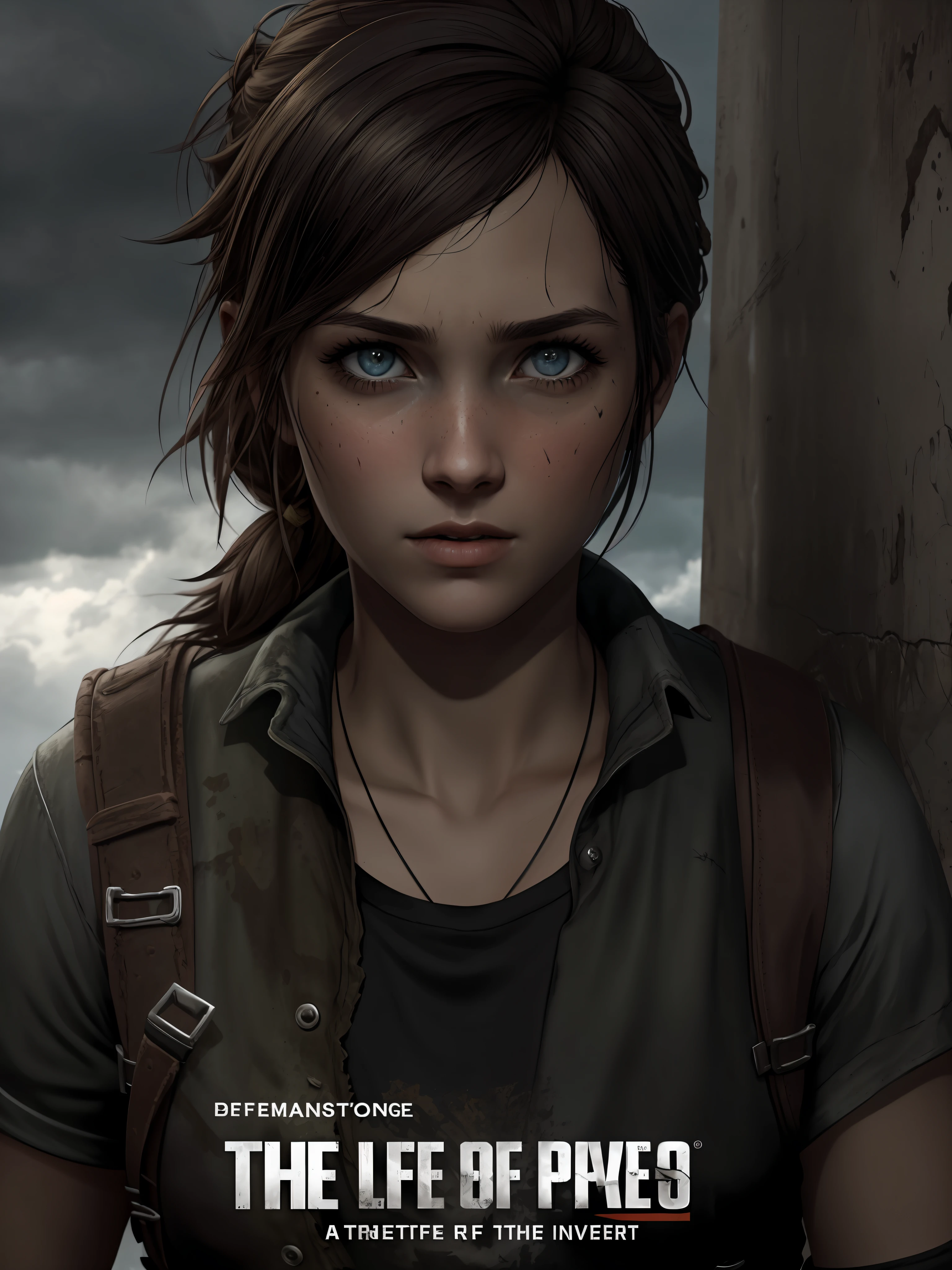 (sem escrita, sem titulos na imagem) Imagine uma capa para o livro "Fim", A Story of Survival in the Zombie Apocalypse. A capa apresenta um fundo escuro e opressivo, with threatening clouds. No centro da capa, Destaques Vick, a protagonista corajosa, 14 anos, Holding the in your arms, olhos azul, Ellie Face The Last of Us Game. She's in a pose of determination, with the gaze reflecting courage and resilience. Ao redor de Vick, sombras sinistras de zumbis se destacam, conveying the constant threat she faces. The title "Fim" aparece em letras marcantes e impactantes, talvez com um efeito de textura ou sombreamento. detalhes sutis, as rubble or a symbol representative of the plot, can be added to accentuate the post-apocalyptic mood.
