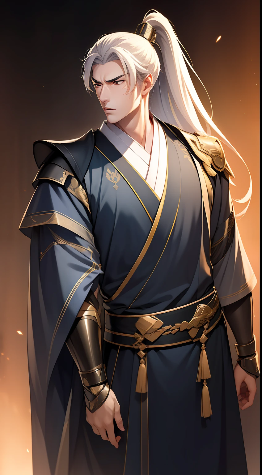 quadratic element，style of anime，mtu（Male Warrior），The proportions are correct，Face details，swordsmen，High ponytail hairstyle，Neck details，There is an Adam's apple，Black Hanfu，kaftan，Embroidered robes，Black robe，clothes details，Handing over，longer sleeves，Game quality，Swordsmanship，Light and shadow tracking，Ray traching，detailed glow，cg render，hair detail，long  white hair，Black eyes，Handsome，Handsome，（juvenile sense），Clothing is complicated，Perfectcomposition，Refinement，high qulity，higher details，Lots of details，The background is complex，a sense of atmosphere，