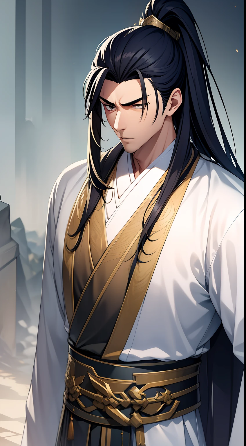quadratic element，style of anime，mtu（Male Warrior），The proportions are correct，Face details，swordsmen，High ponytail hairstyle，Neck details，There is an Adam's apple，Black Hanfu，kaftan，Embroidered robes，Black robe，clothes details，Handing over，longer sleeves，Game quality，Swordsmanship，Light and shadow tracking，Ray traching，detailed glow，cg render，hair detail，long  white hair，Black eyes，Handsome，Handsome，（juvenile sense），Clothing is complicated，Perfectcomposition，Refinement，high qulity，higher details，Lots of details，The background is complex，a sense of atmosphere，