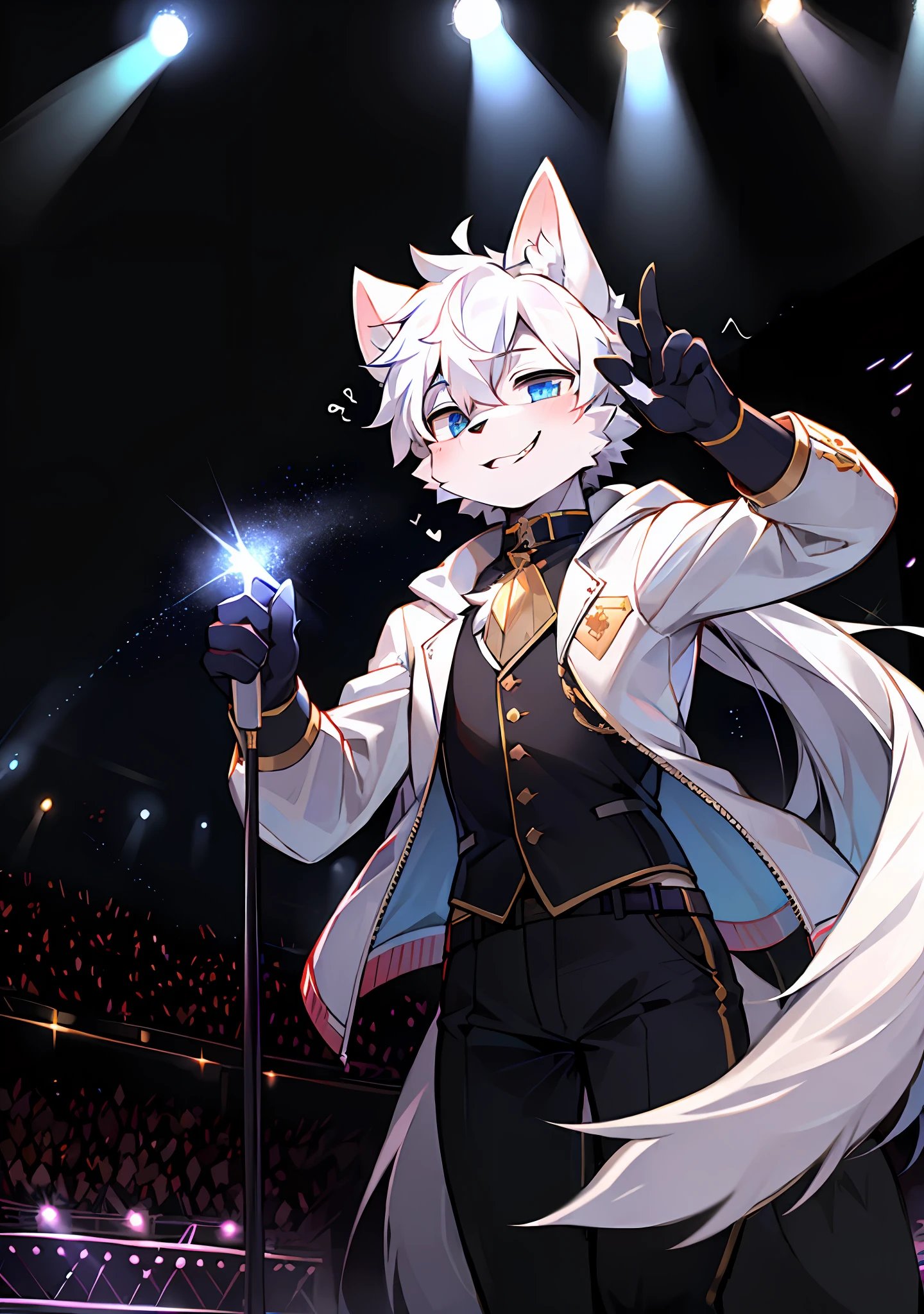 idoly，White wolf，male people，musical note，Concert，microphones，Audio，Stage，lamplight，light stick，Hearing impairment，wink，nigh sky，As estrelas，White storm jacket，