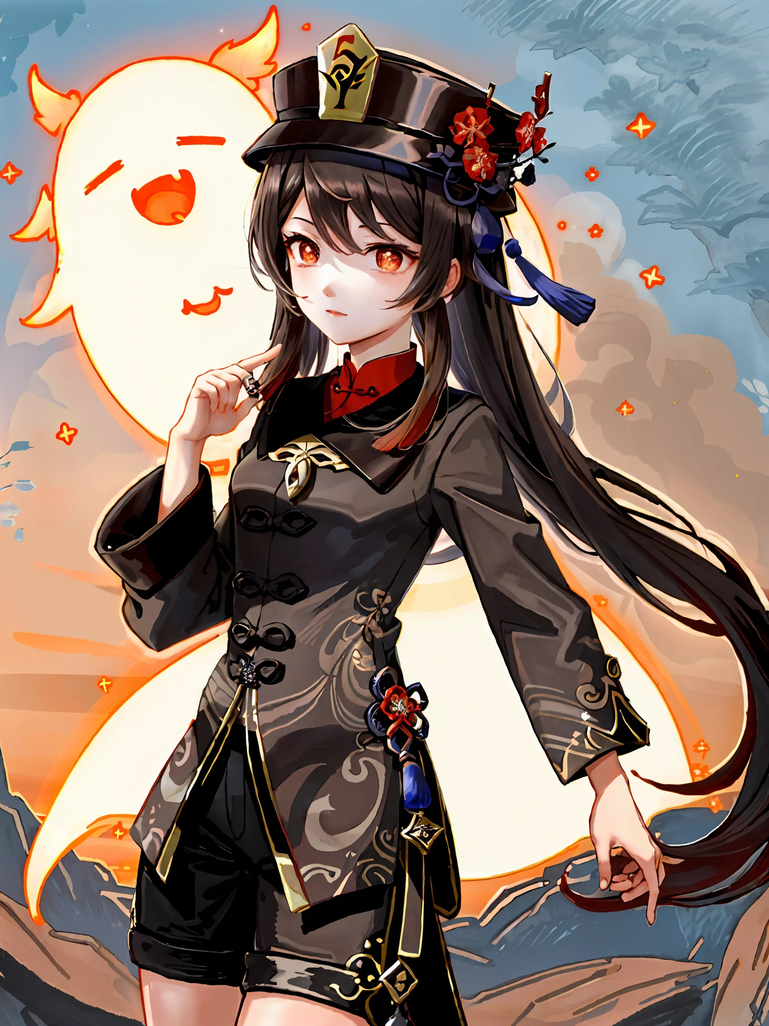 masterpiece, best quality,
1girl, hu tao (genshin impact), boo tao,hat, red eyes, twintails, brown hair, solo, symbol-shaped pupils, long hair,bangs, black shorts , chinese clothes,