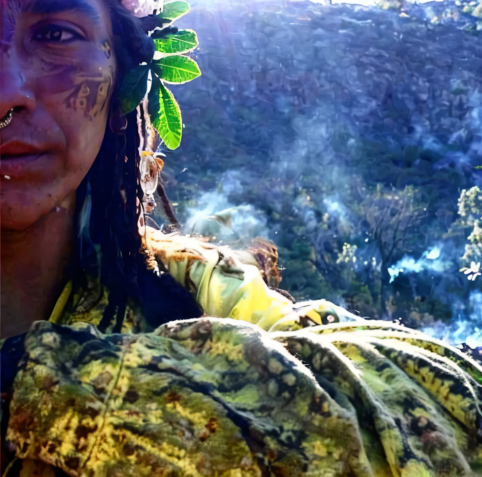 arafed woman with a flower in her hair and a green leaf in her hair, ayahuasca shaman, indigenous man, profile shot, sage smoke, slide show, native american, smoke war, a native american warrior, ayahuasca, ayahuasca ceremony, the ayahuasca spirit, taking a smoke break, skilled warrior of the apache