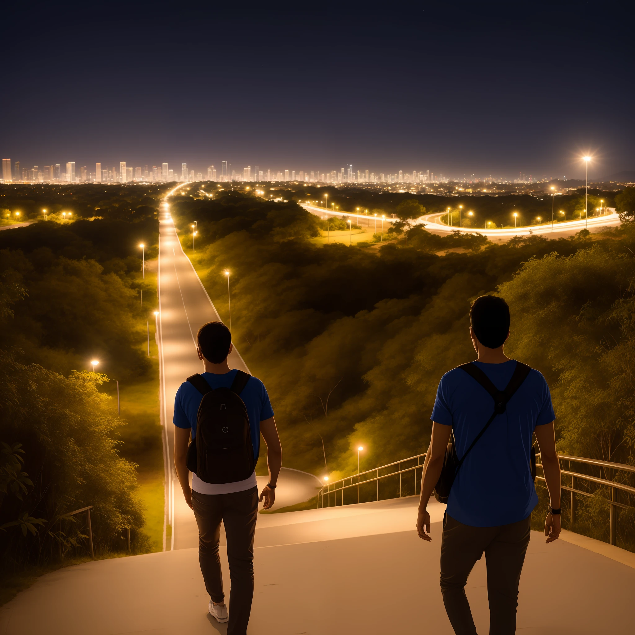 Personagem masculino caminhando em uma pista do parque de uma cidade a noite com vista da cidade, 4k, aquarela, escuro, sombras, iluminacao mista (quente e fria), vista de tras do personagem