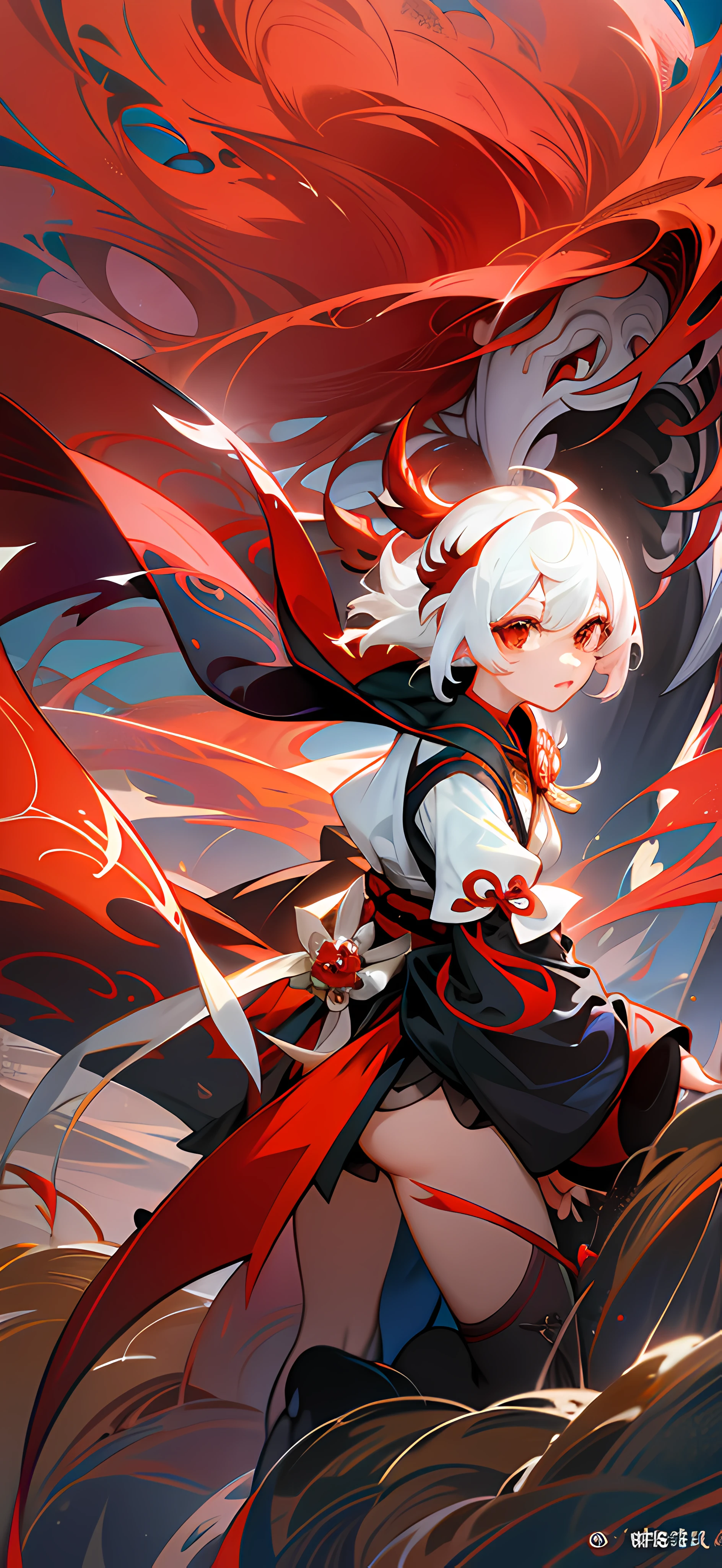 anime girl with white hair and red cape holding a sword, Keqing from Genshin Impact, zhongli from genshin impact, Onmyoji detailed art, onmyoji portrait, onmyoji, Key anime art, Genshin impact's character, Badass anime 8 K, ryuko matoi, Genshin, Ayaka Genshin impact,Absolutely mesmerizing sunset on the beach,The sky is mixed with orange、Pink and yellow。The sea is crystal clear,Kissing the shore tenderly,The white sand stretches as far as the eye can see。The scene is full of movement,breath-taking,Seagulls soar high in the sky,Palm trees sway gently。Soak up the calm atmosphere,Let tranquility envelop you。