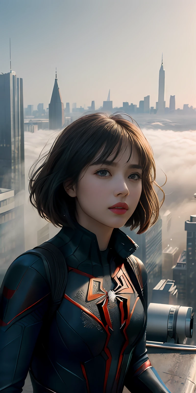 (1girl:1.3), Solo, (((Very detailed face)))), ((Very detailed eyes and face)))), Beautiful detail eyes, Body parts__, Official art, Unified 8k wallpaper, Super detailed, beautiful and beautiful, beautiful, masterpiece, best quality, original, masterpiece, super fine photo, best quality, super high resolution, realistic realism, sunlight, full body portrait, amazing beauty, dynamic pose, delicate face, vibrant eyes, (from the front), She wears Spider-Man suit, red and black color scheme, spider, very detailed city roof background, rooftop, overlooking the city, detailed face, detailed complex busy background, messy, gorgeous, milky white, highly detailed skin, realistic skin details, visible pores, clear focus, volumetric fog, 8k uhd, DSLR, high quality, film grain, fair skin, photo realism, lomography, futuristic dystopian megalopolis, translucent