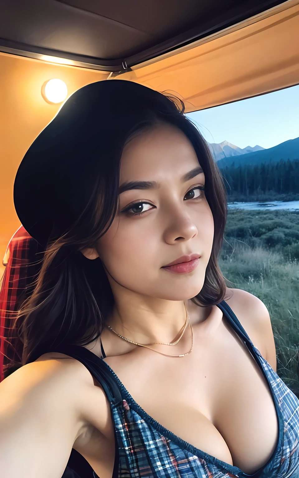 1 woman ((upper body selfie, happy)), masterpiece, best quality, ultra-detailed, solo, outdoor, (night), mountains, nature, (stars, moon) cheerful, happy, backpack, sleeping bag, camping stove, water bottle, country boot, country hat, red plaid shirt long sleeve open, lantern, forest, rocks, river, wood, smoke, shadows, contrast, clear sky, style, (warm hue,  warm tone: 1.2), close-up, cinematic light, side lighting, ultra high resolution, best shadow, RAW, upper body, wearing lingerie, seductive look, huge breasts, 4k, open neckline, sexy