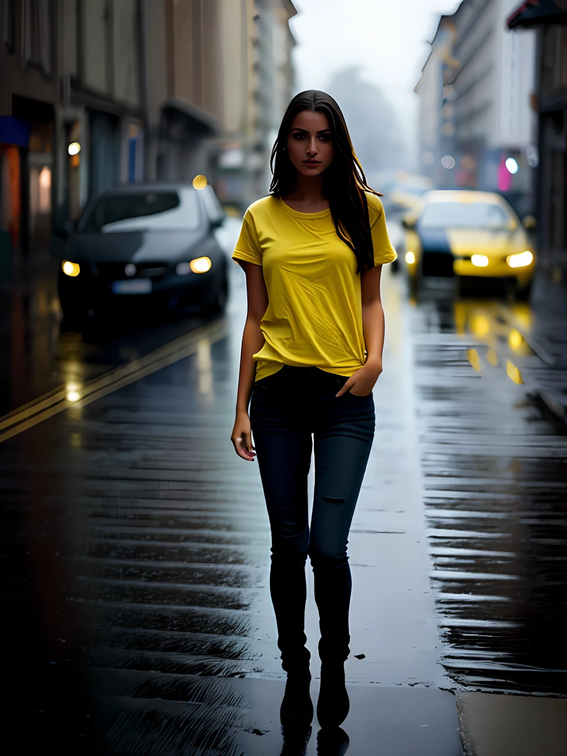 a young italian beautiful woman, street, laughing, black ponytails, black basic tee-shirt, full length tee-shirt, normal plain Tee-shirt, skinny jeans, heel's (hdr:1.3), (muted colors:1.2), dramatic, complex background, cinematic, filmic, (artstation:0.8), soaking wet, standing on wet road, some yellow cars in surrounded, after rain atmosphere, hyperreality, 8K UHD, perfect body,