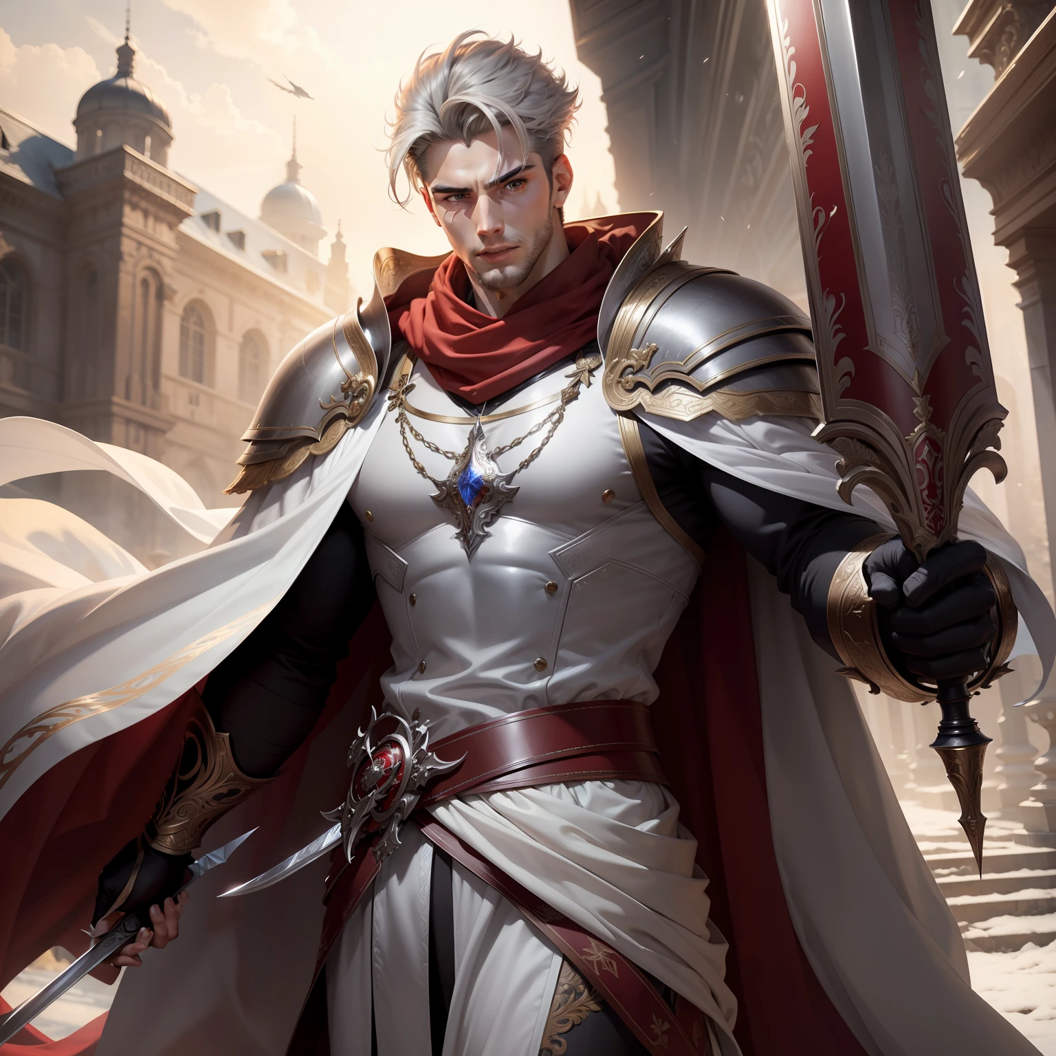 tmasterpiece,best qualtiy,1 male,youth,handsome,large tall,a broad shouldered,Delicate red eyes and delicate face,Extremely detailed CG unified 8k wallpaper,Complicated details,cheveux gris courts,fanciful,Magnificent background,Hold a big sword in hand,Magic effects,ice element, depth of fields