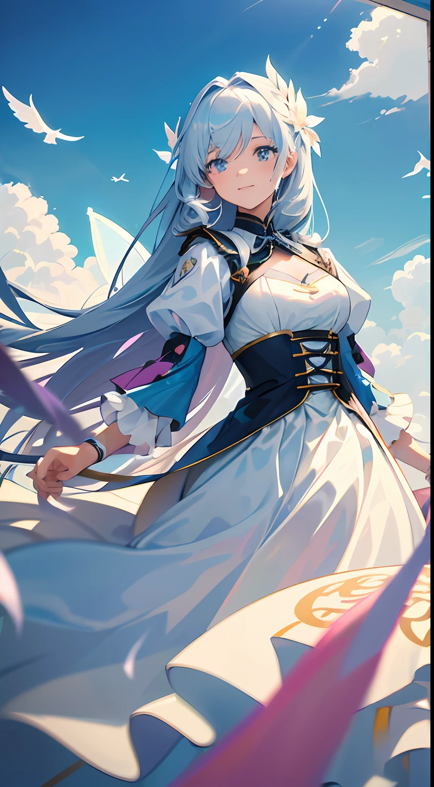 tmasterpiece,best qualtiy,cinematic Film still from,1girl,Floating in the sky,Kizi,long whitr hair,Fairy air fluttering,clouds,(closeup cleavage:1.1),brightly,cheerfulness,intriguing,gentlesoftlighting,(bauhause,shape,lineworks,abstracted:1.1)