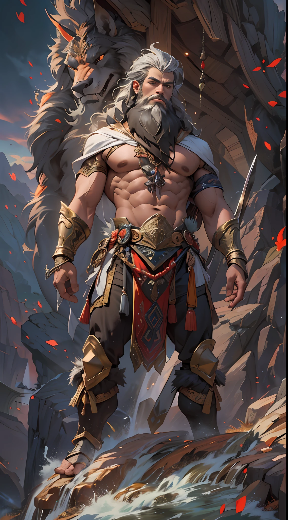 Powerful warrior, upper torso unveiled, lower body uncovered from thighs to feet, decorated with a beaded beard, cascading long curls, meticulous muscle definition, lifelike depiction, 4K resolution. Background: Mythical fantasy landscape,32k uhd, best quality, masterpiece, super detail, high details