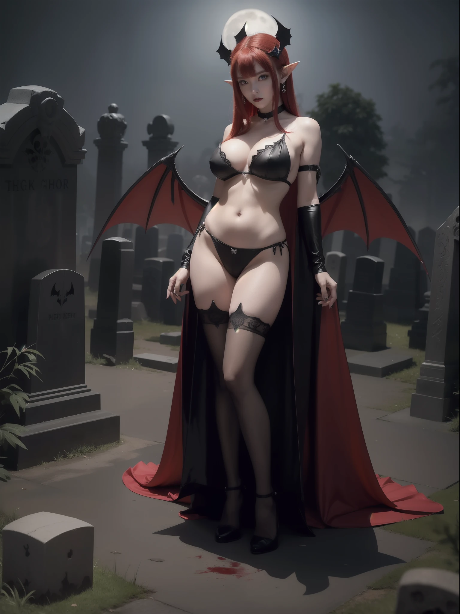 Princess Zelda Vampire, wearing extremely sexy black maid costume with extremely tight white shorts and tight on the body, extremely sensual, ((lots of blood on the body and floor)), she has ((large bat wings)), exaggeratedly large breasts, very sensual body, looking at the viewer, smiling, doing sensual pose leaning against a tombstone, short red mohawk hair, sparkling red eyes, macabre graveyard, is at night, fog, skulls on the ground, tombstones, terrifying weather, a full moon in the sky, ((((full body)))), 16k, UHD, Better quality, better resolution, better detail