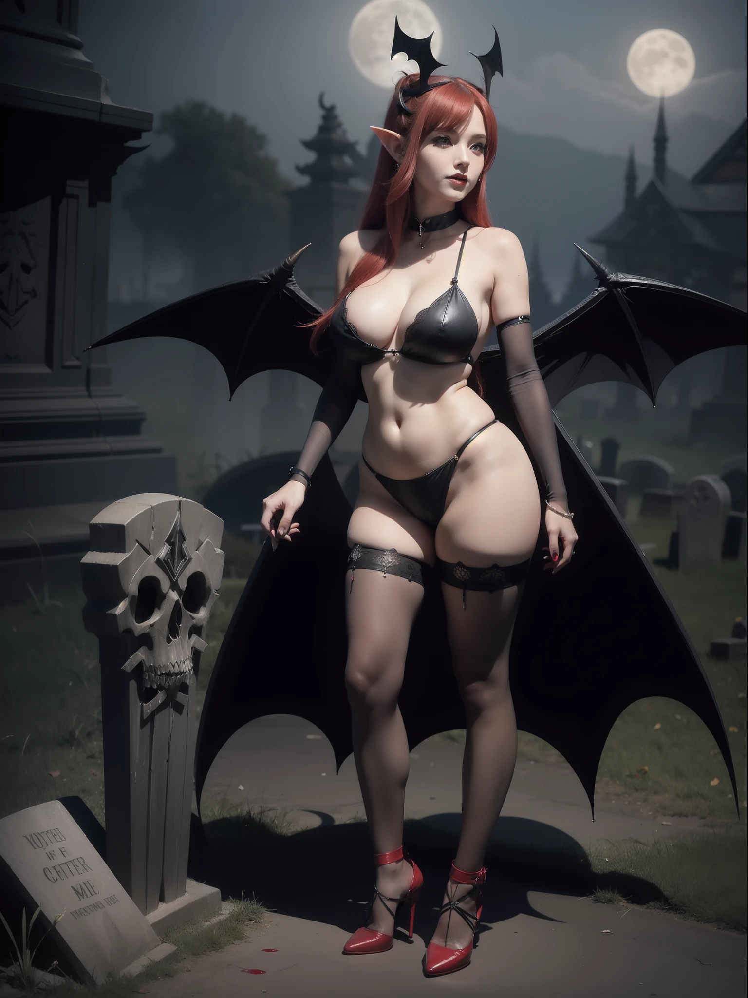 Princess Zelda Vampire, wearing extremely sexy black maid costume with extremely tight white shorts and tight on the body, extremely sensual, ((lots of blood on the body and floor)), she has ((large bat wings)), exaggeratedly large breasts, very sensual body, looking at the viewer, smiling, doing sensual pose leaning against a tombstone, short red mohawk hair, sparkling red eyes, macabre graveyard, is at night, fog, skulls on the ground, tombstones, terrifying weather, a full moon in the sky, ((((full body)))), 16k, UHD, Better quality, better resolution, better detail